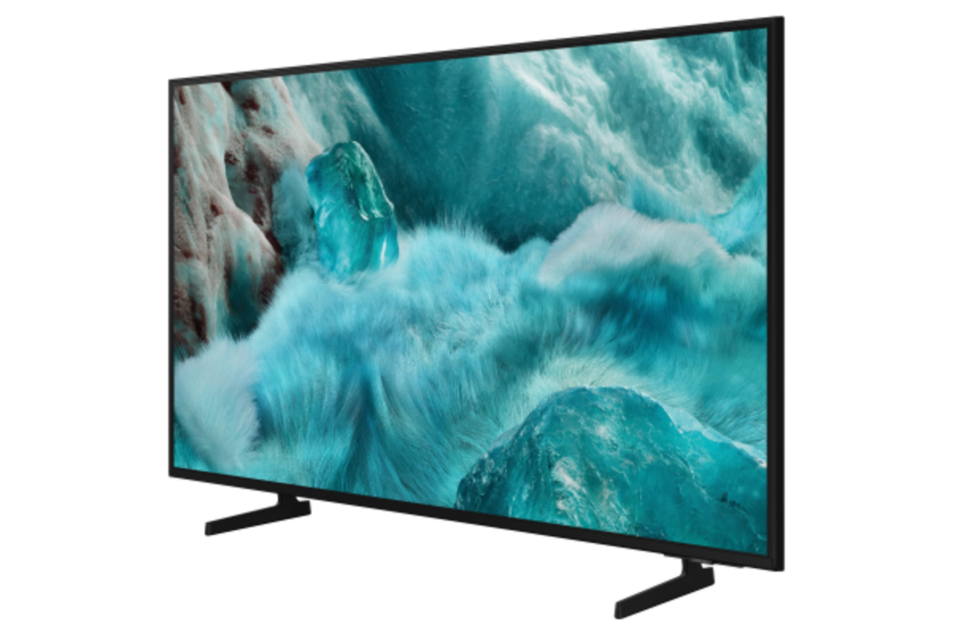 Soyut, buz mavisi bir görüntü gösteren modern bir düz ekran TV.