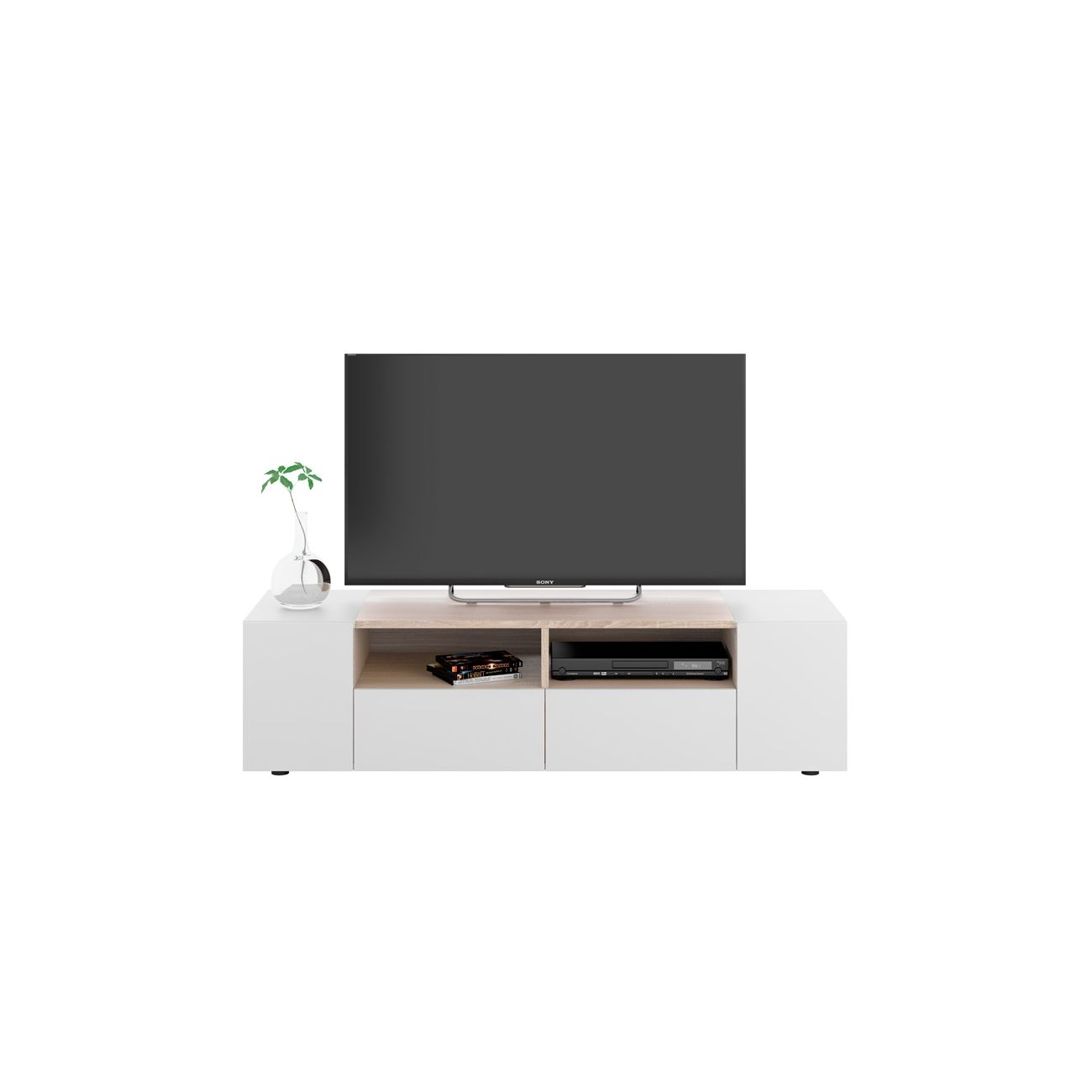 Un mueble de TV blanco con un televisor grande, libros y un reproductor de DVD.
