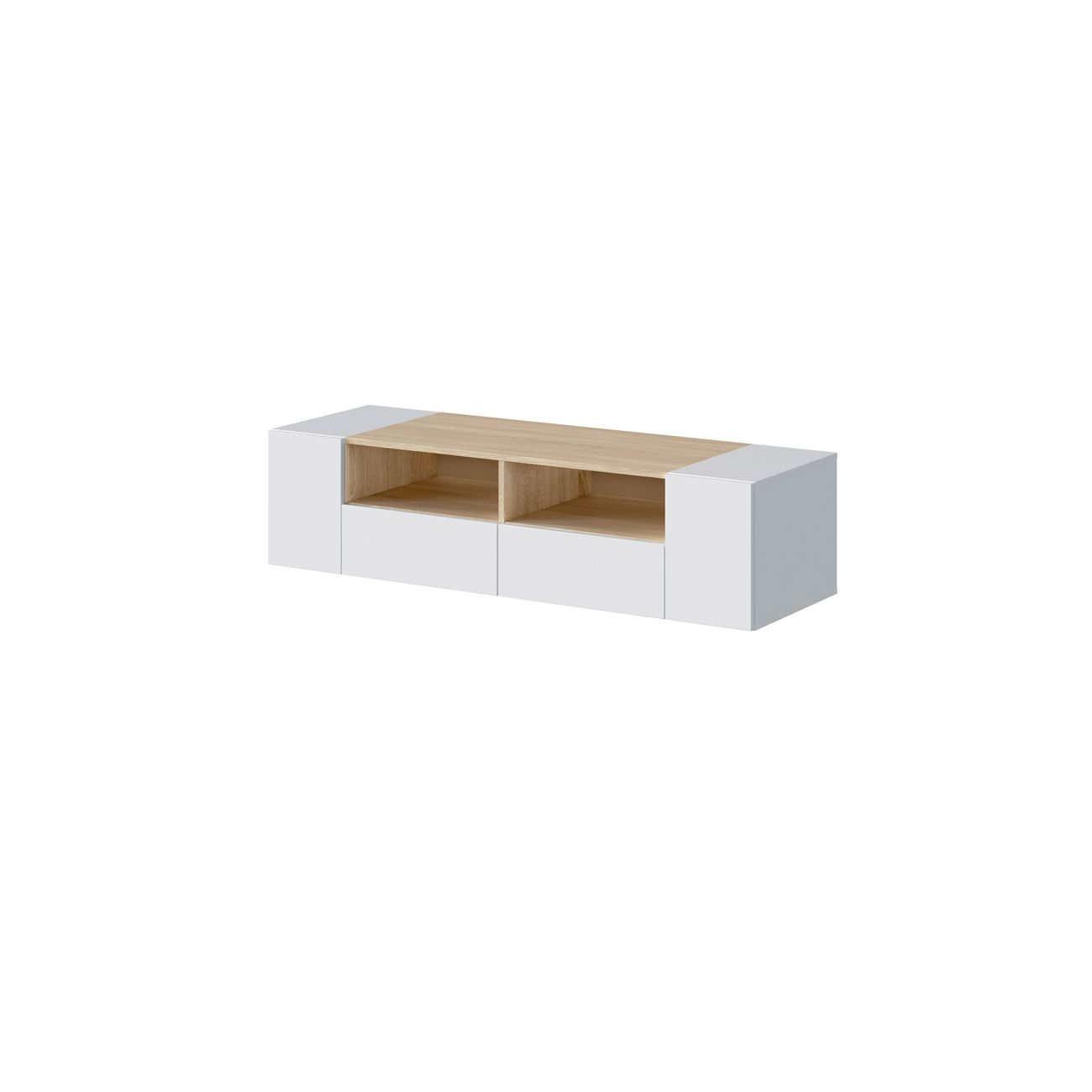 Un mueble de TV blanco y de madera con dos estantes abiertos y dos cajones.