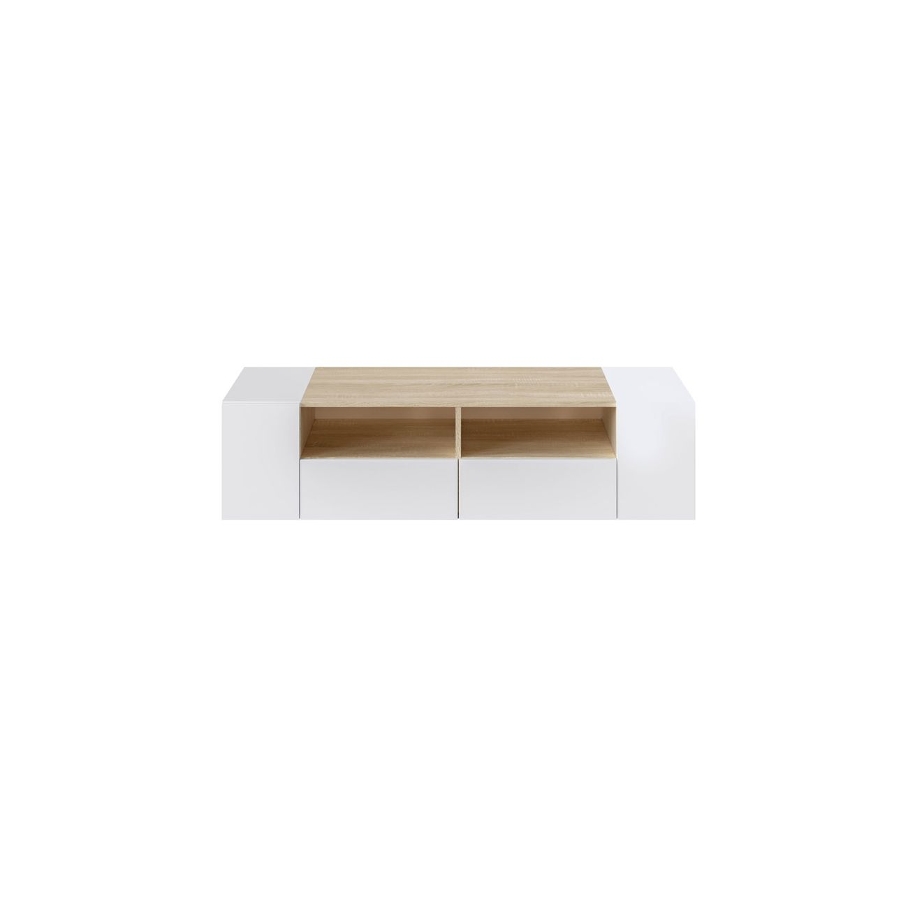 Mueble de TV blanco moderno con acento de madera y estantes.
