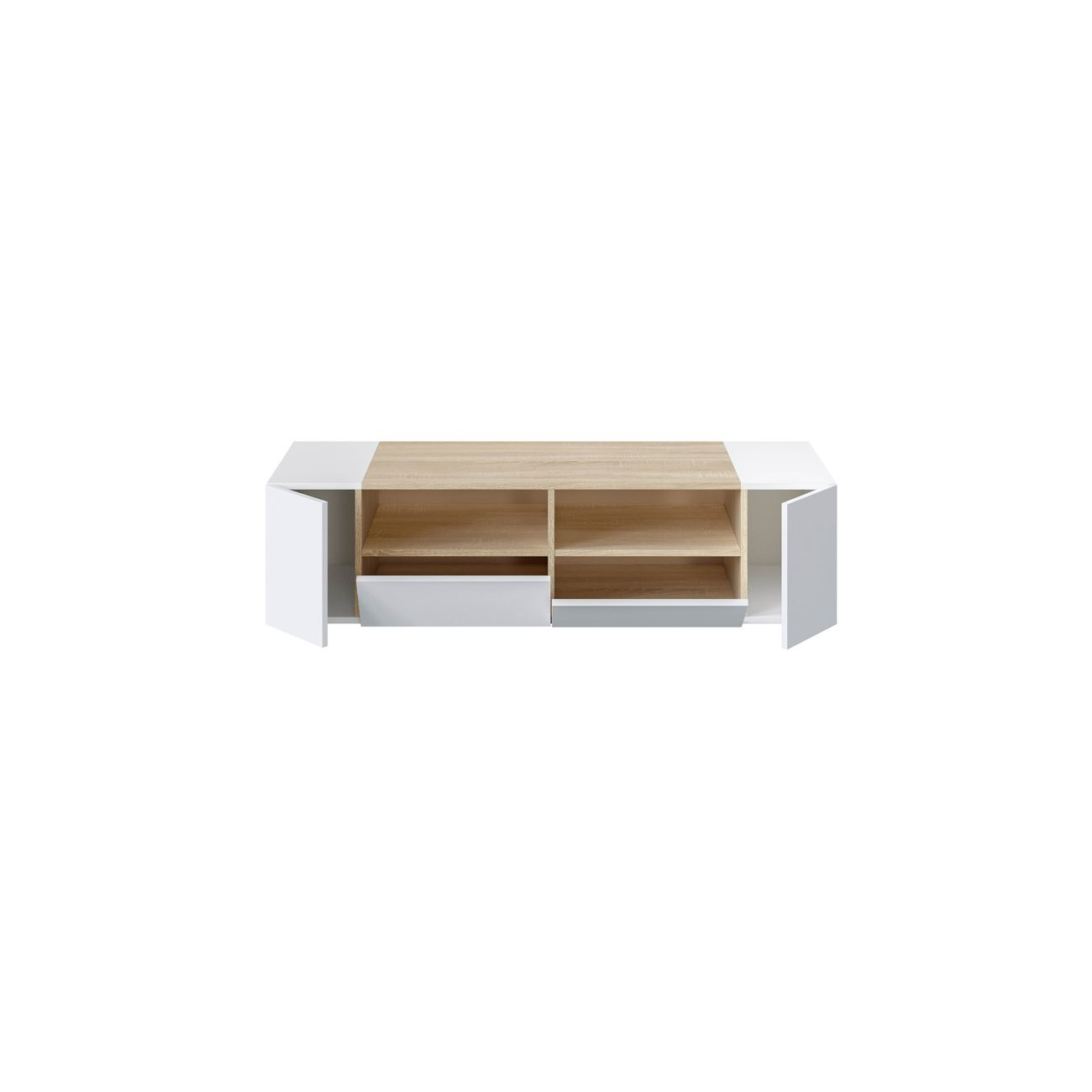 Un mueble blanco con tapa de madera y estantes abiertos.