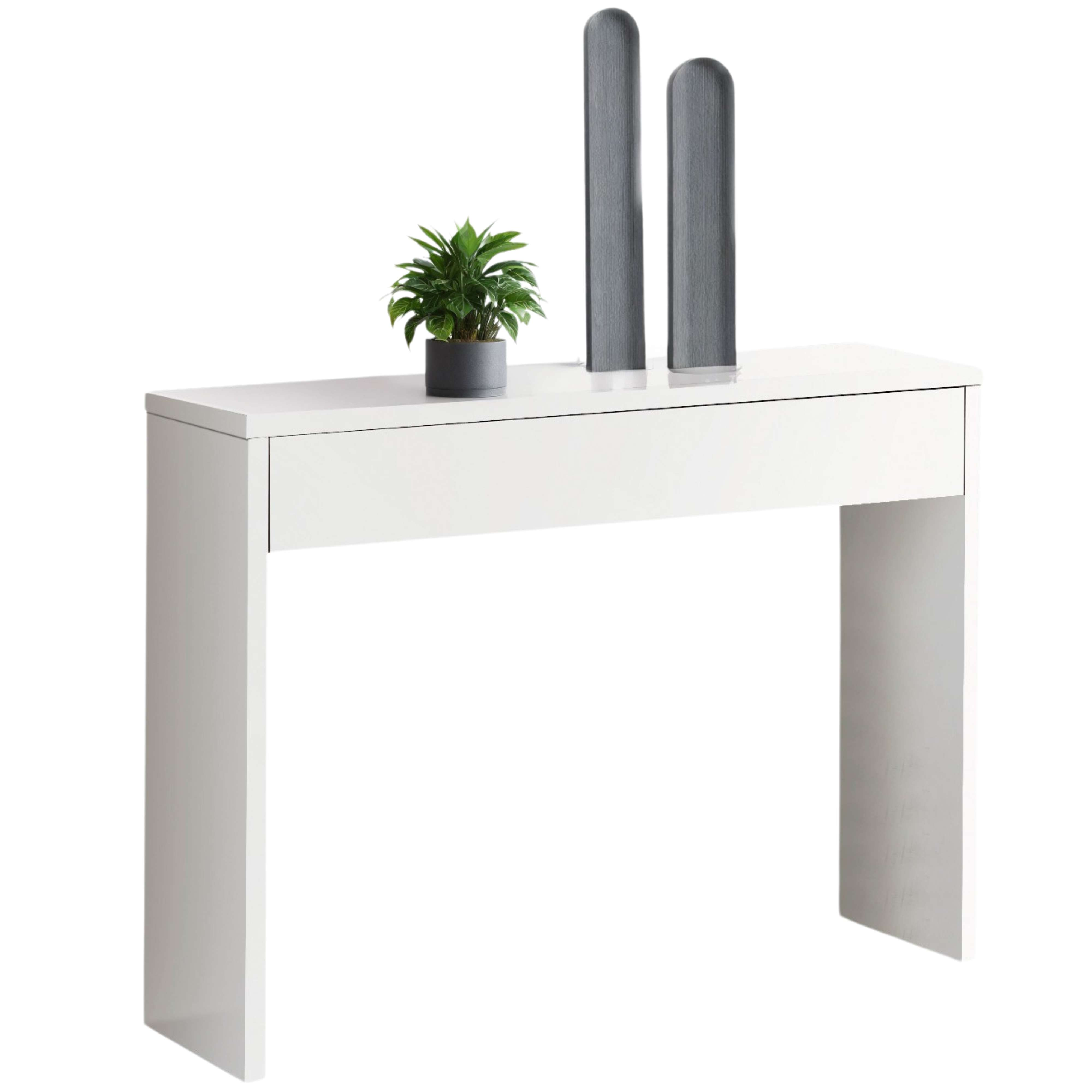 Una elegante mesa consola blanca con un cajón, con una planta y dos jarrones grises.