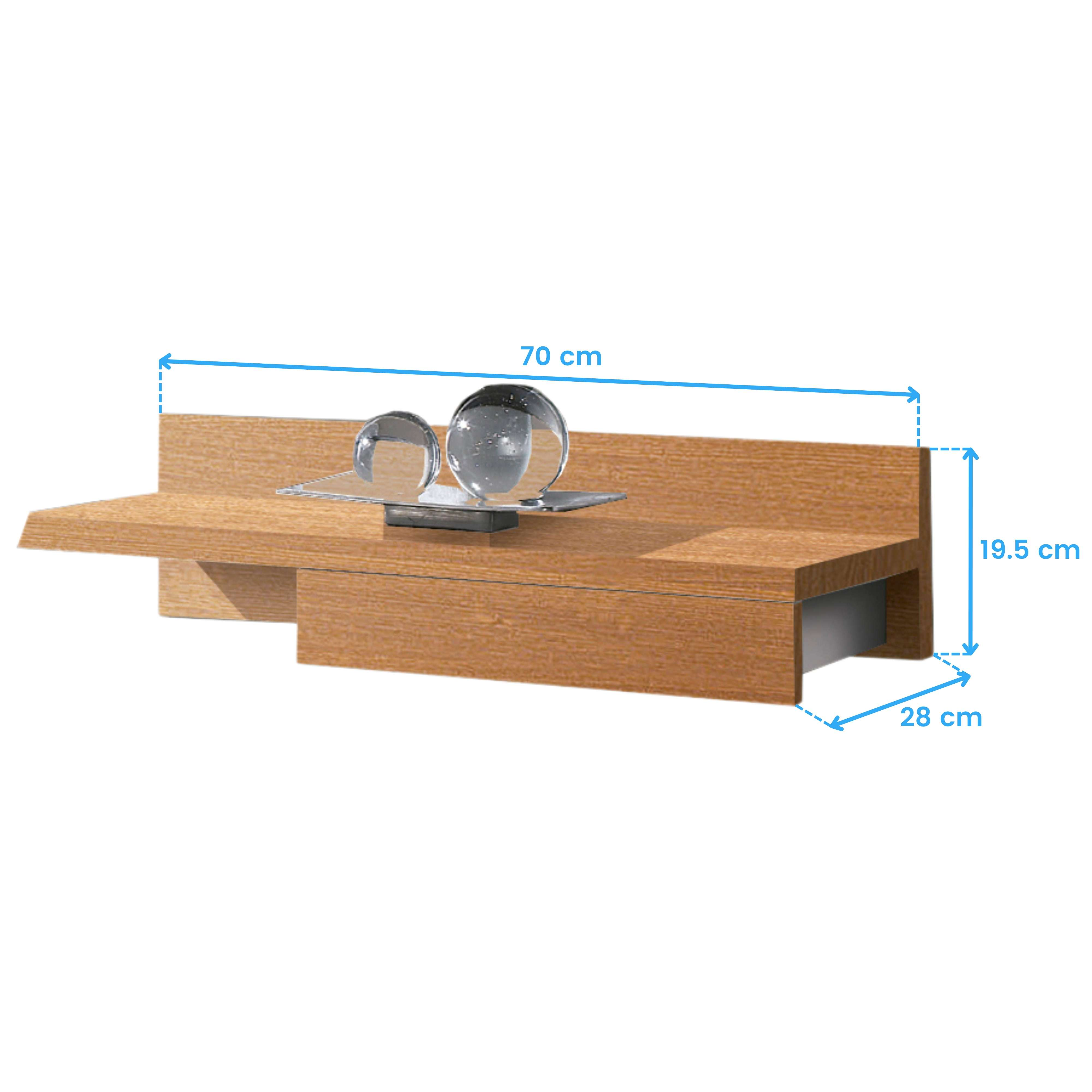 Un estante de madera de 70x28x19,5 cm, con dos esferas de cristal.