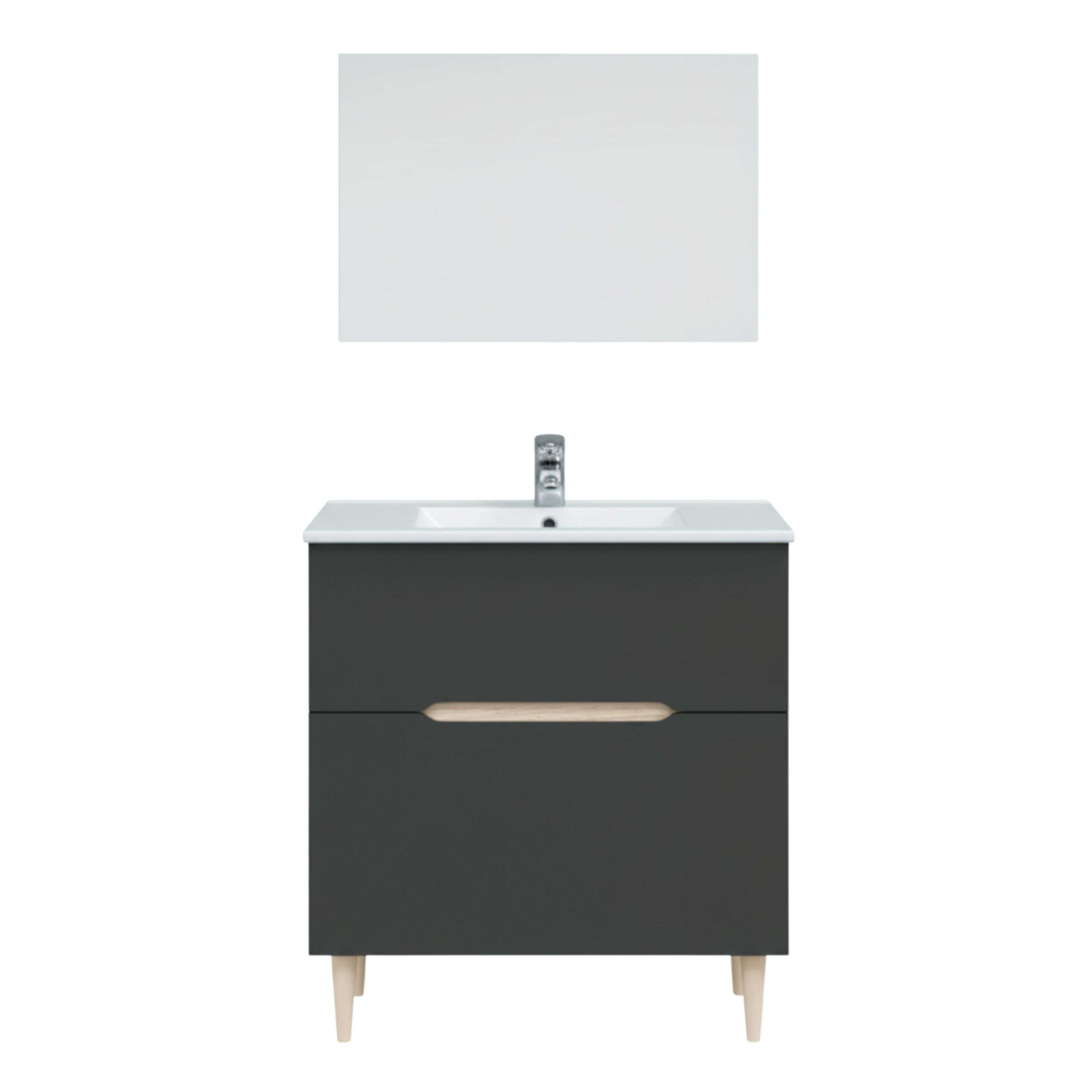 Mueble de baño gris oscuro con dos cajones, lavabo de cerámica blanco, grifo cromado y espejo.