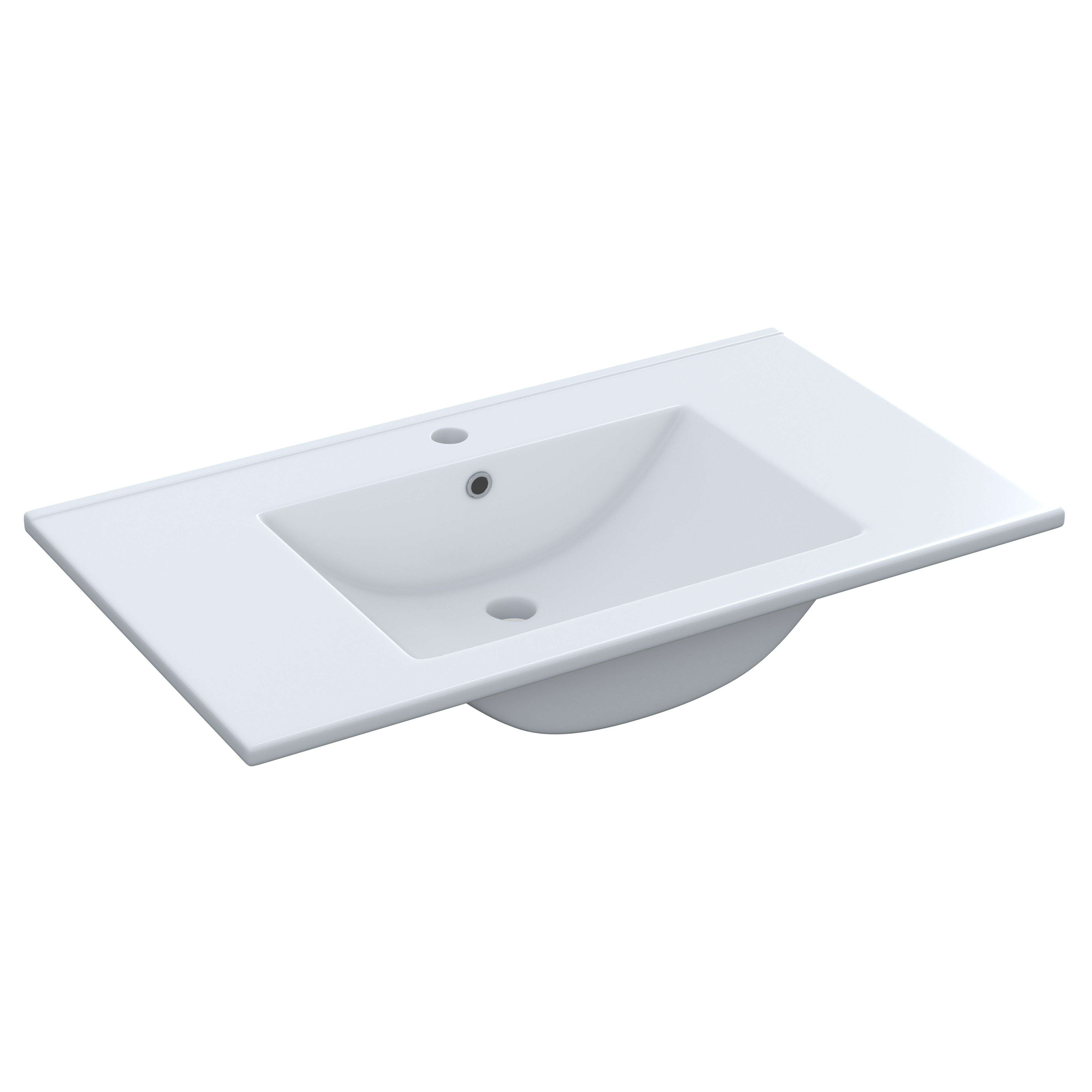 Lavabo de encimera rectangular de cerámica blanca con una cubeta y un agujero para grifo.