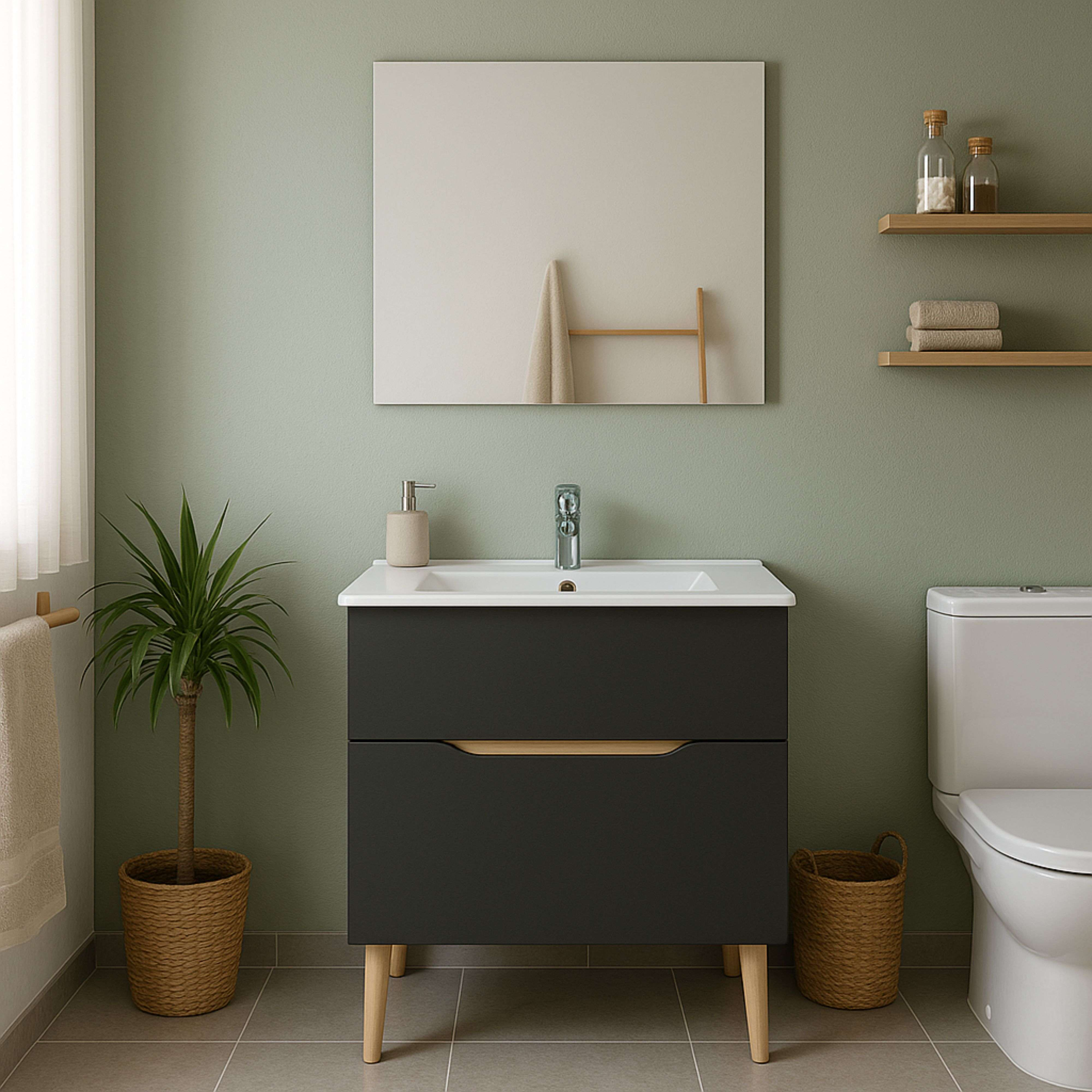 Baño moderno con tocador oscuro, espejo, inodoro y planta.