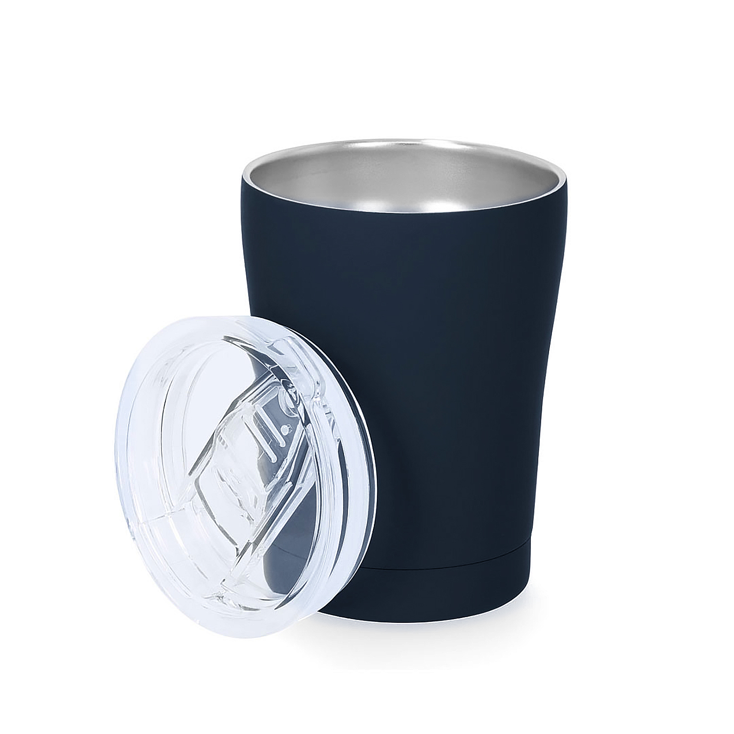 Dunkelblauer Becher mit silbernem Rand und durchsichtigem Deckel daneben.