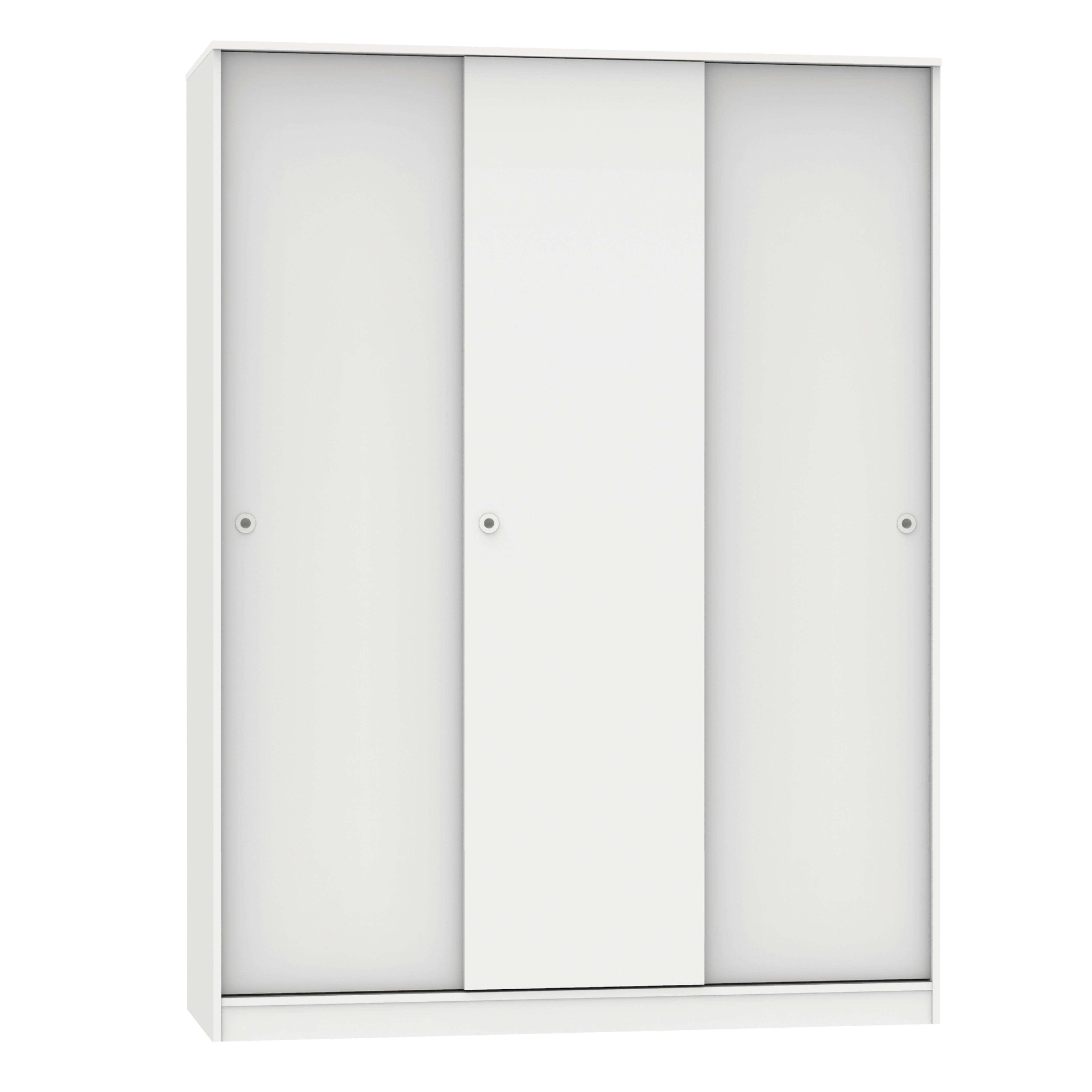 Un armario blanco con tres puertas correderas y tiradores plateados.