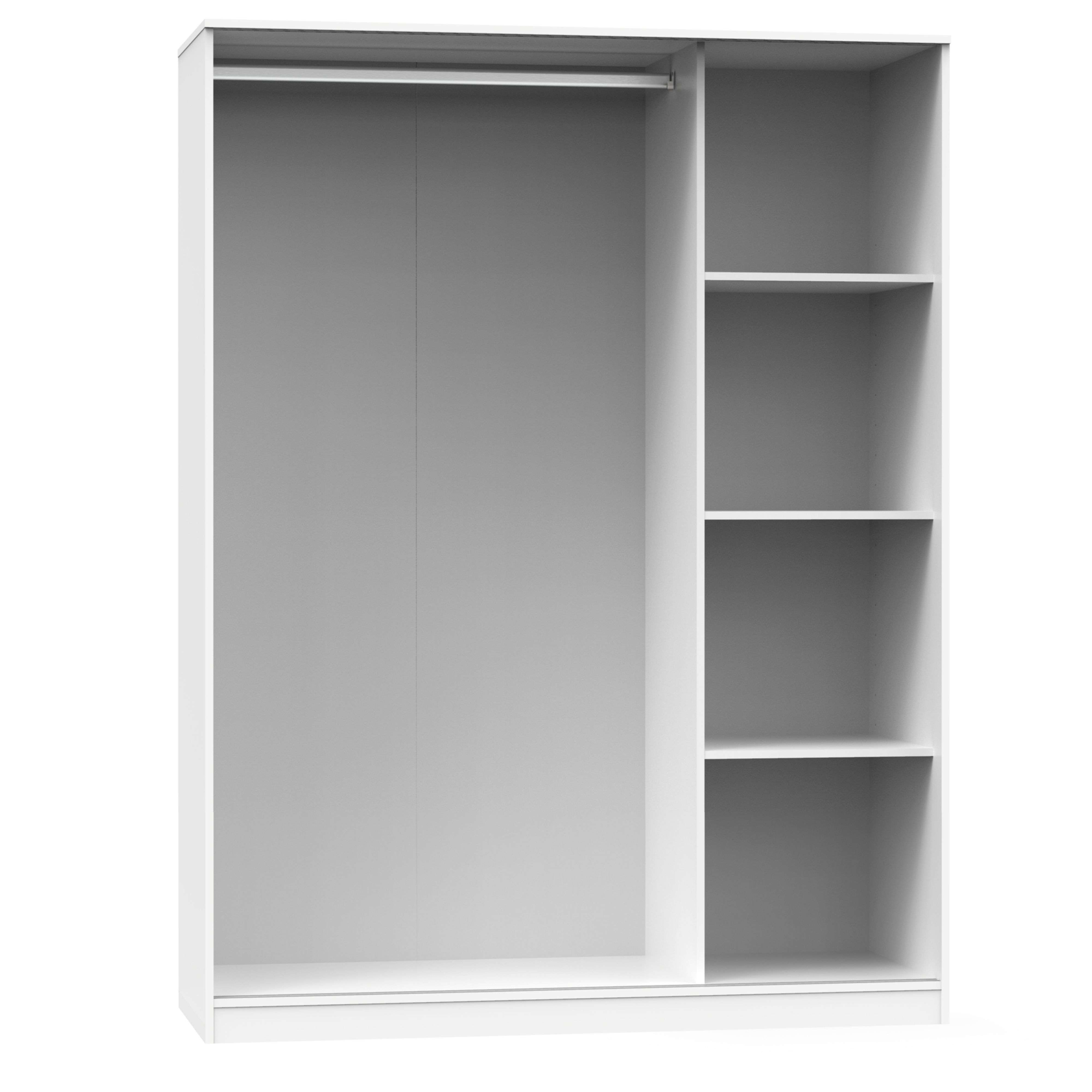 Un armario blanco con barra para colgar y cuatro estantes.