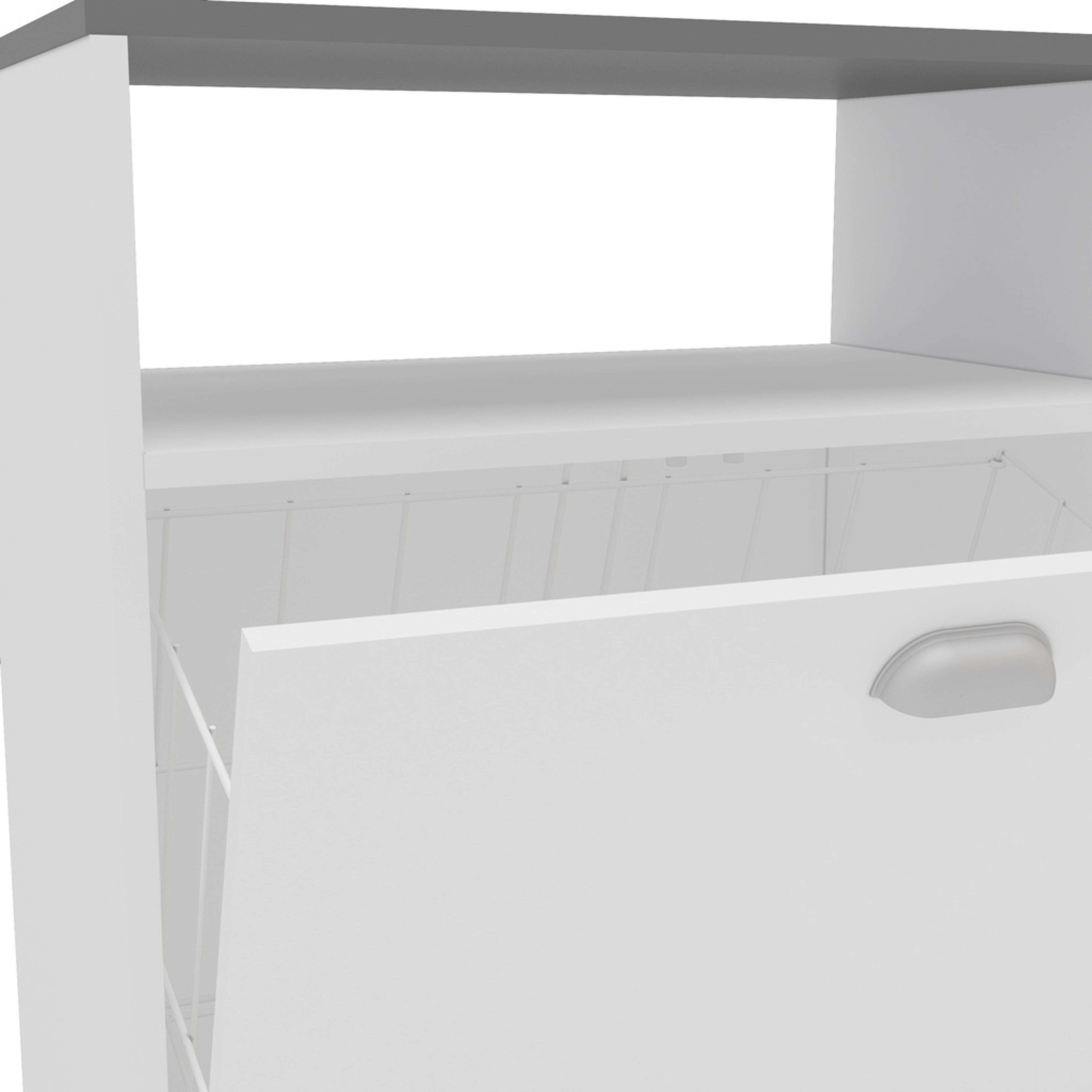 Un mueble de cajones blanco con ribete gris y tirador plateado.