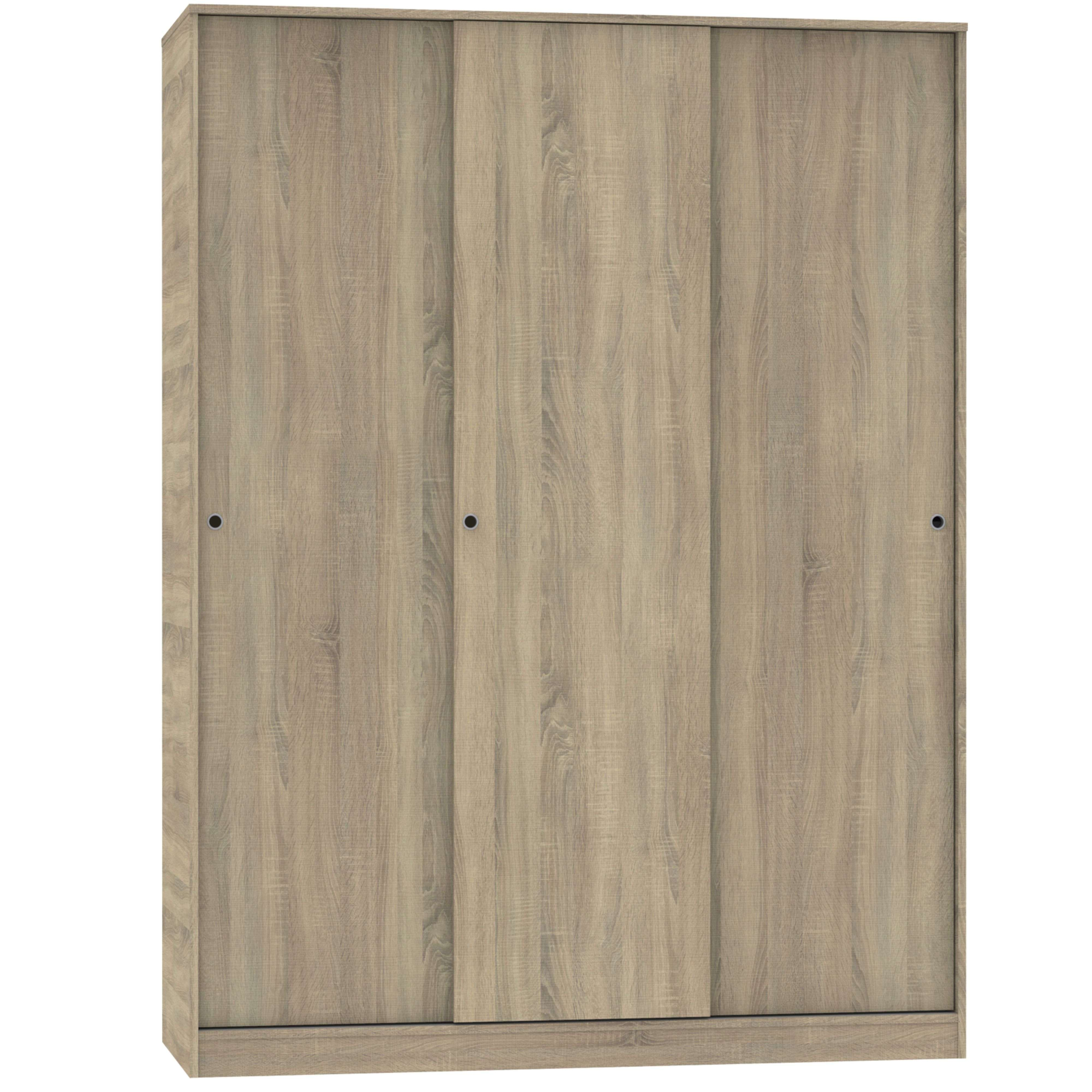 Un armario de madera con tres puertas correderas y veta de madera.