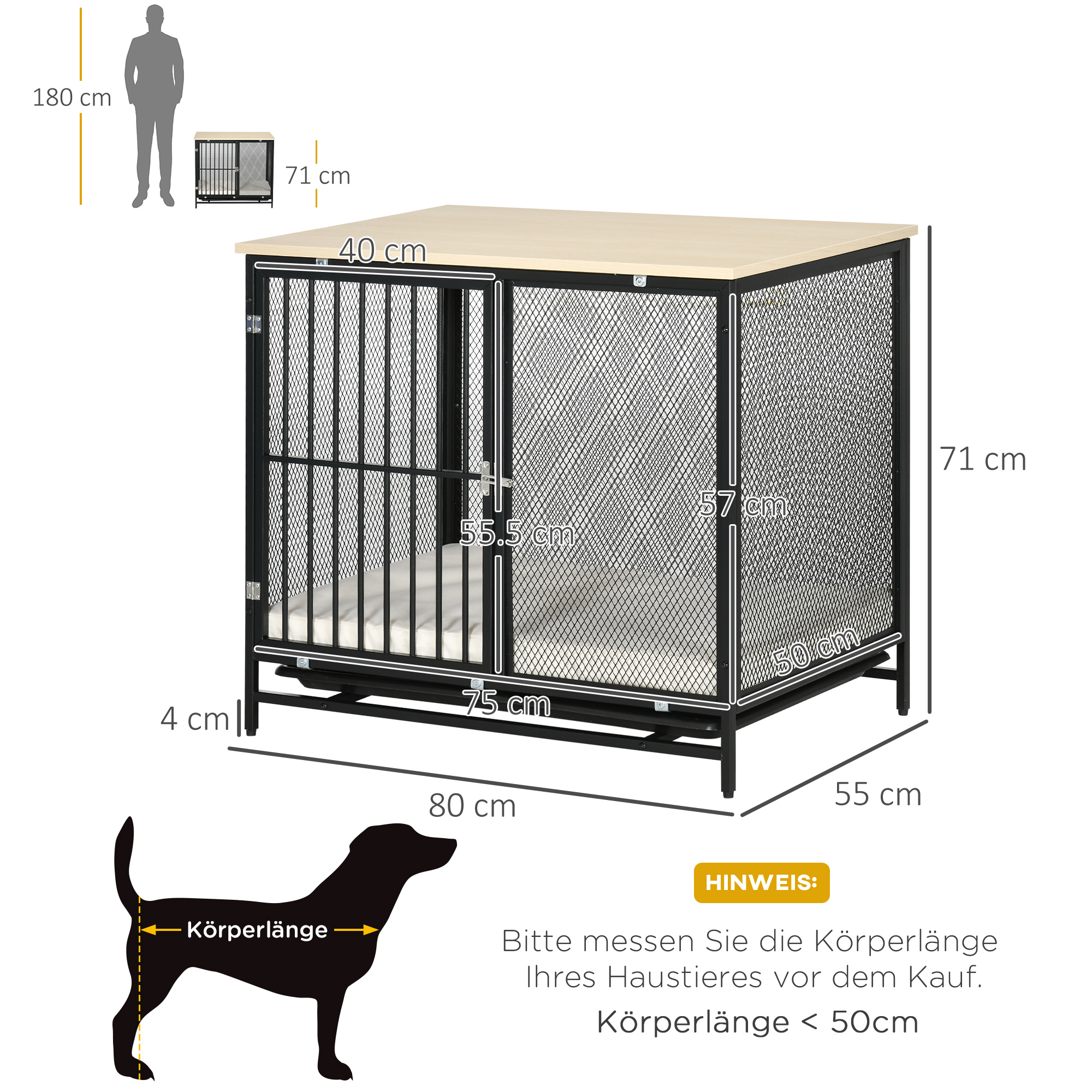 Ein Hundezwinger mit Maßen, daneben eine Person und ein Hund. HINWEIS: Körperlänge <lt/> 50cm.