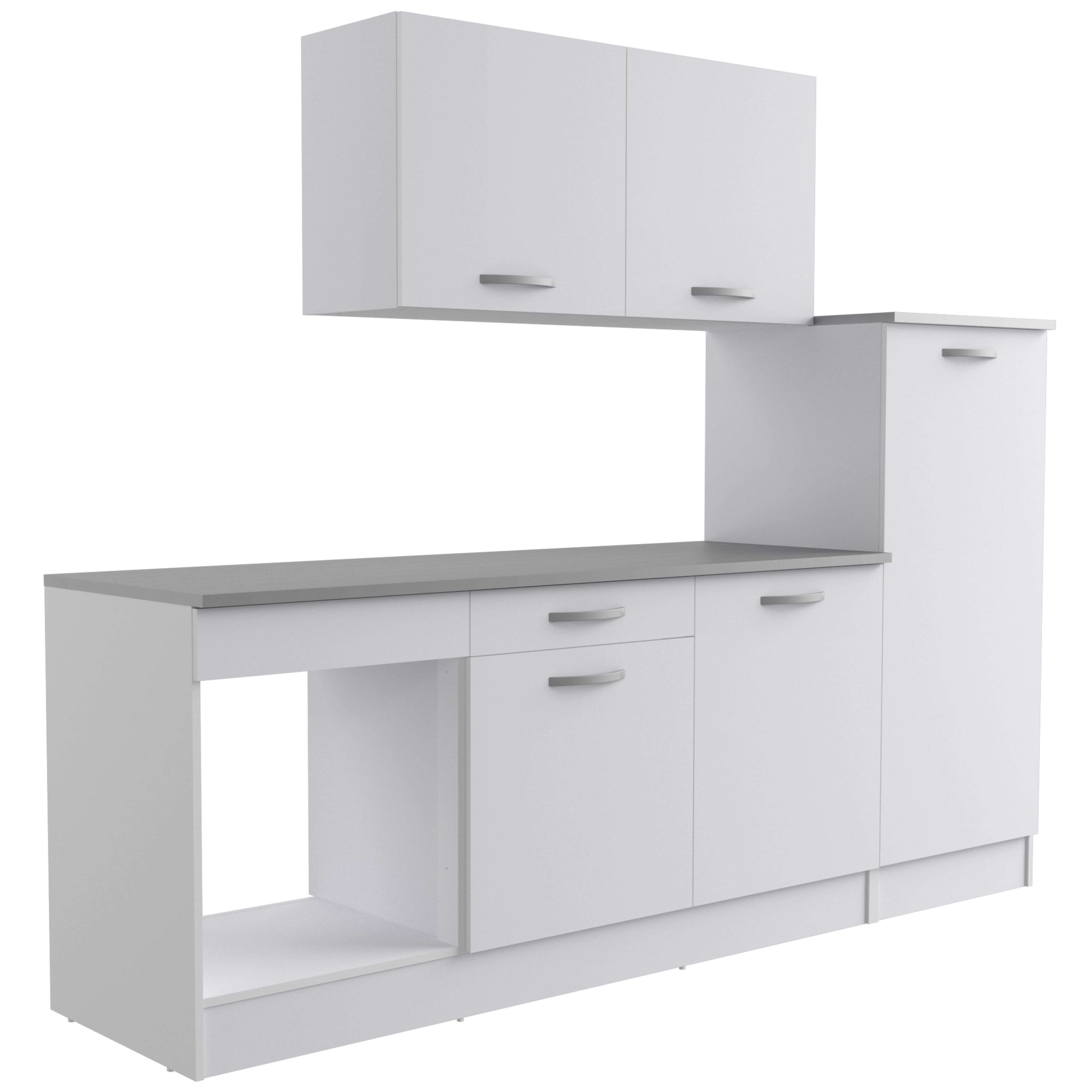 Cocina blanca moderna con encimera gris y tiradores plateados.