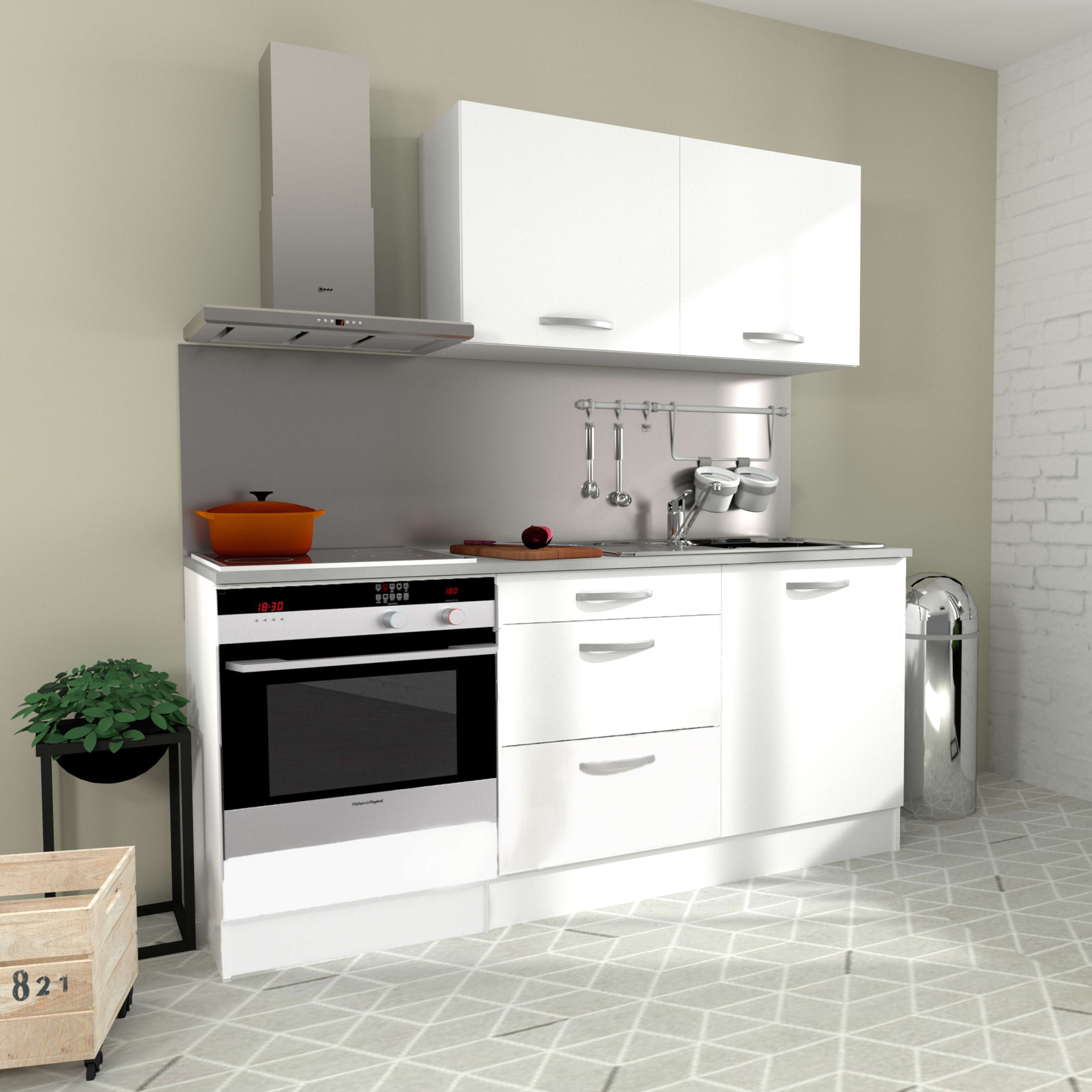Moderna cocina blanca con electrodomésticos de acero inoxidable, olla naranja y planta.