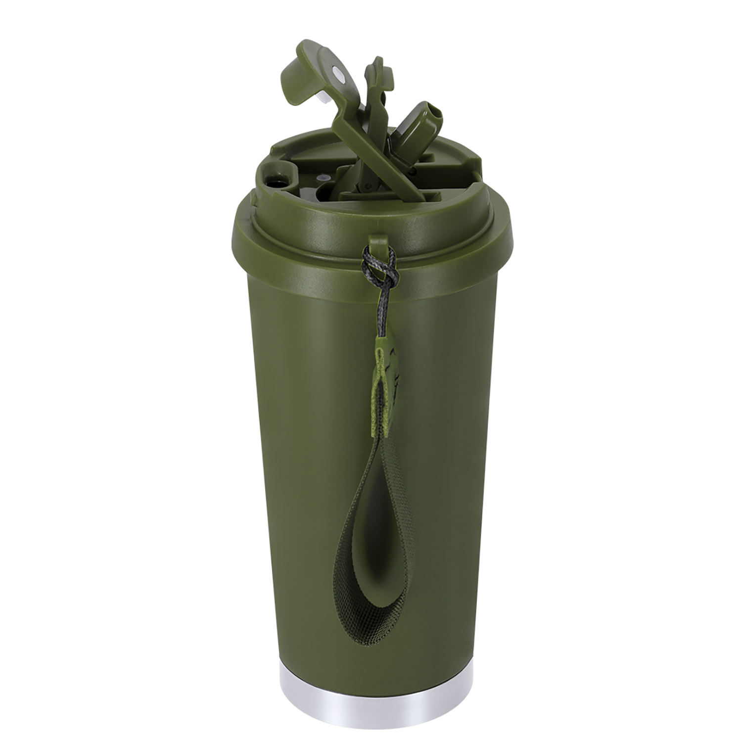 Eine grüne Trinkflasche mit einem silbernen Boden und einem Tragegriff.