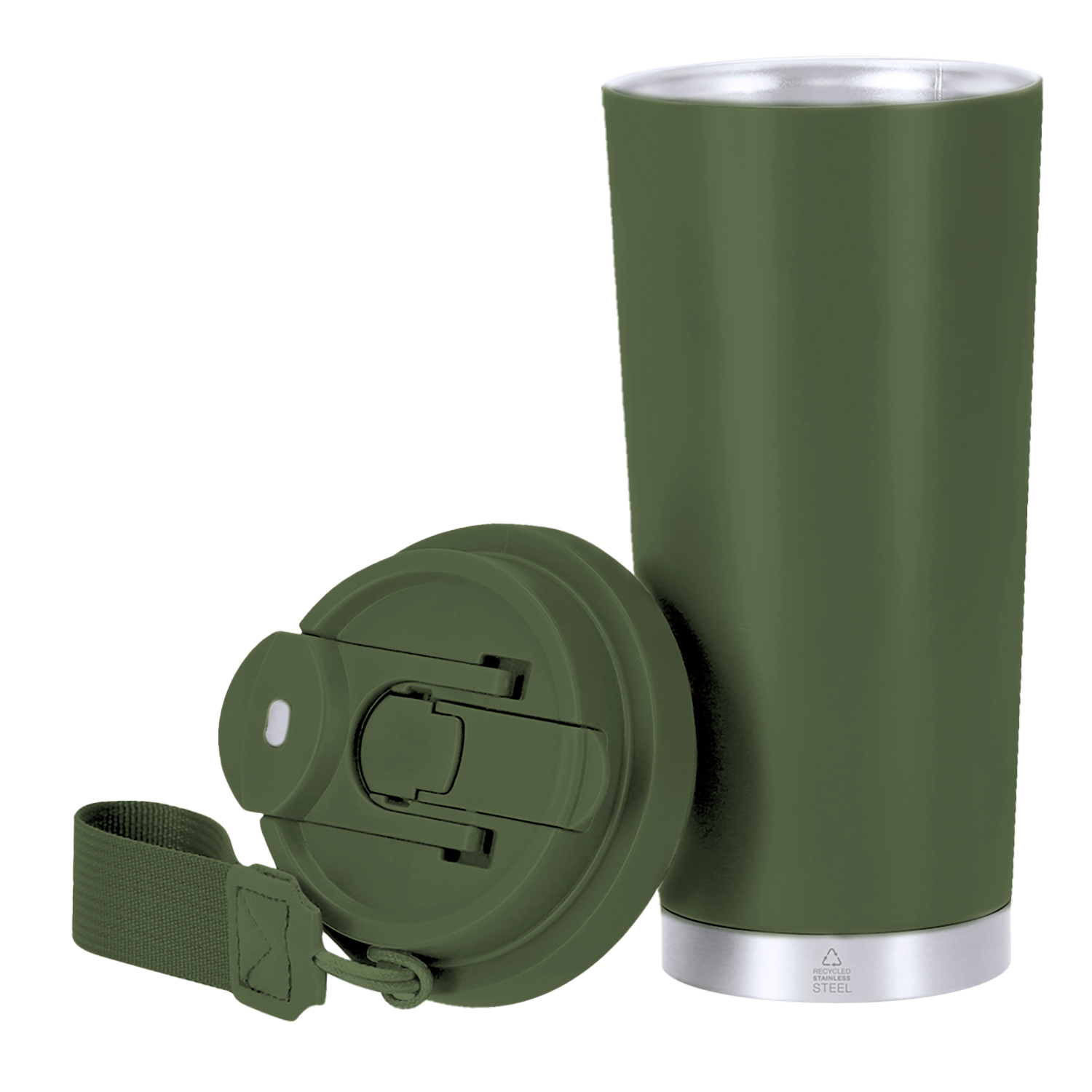 Ein grüner Reisebecher mit geöffnetem Deckel, der einen Metallrand und einen Riemen zeigt.