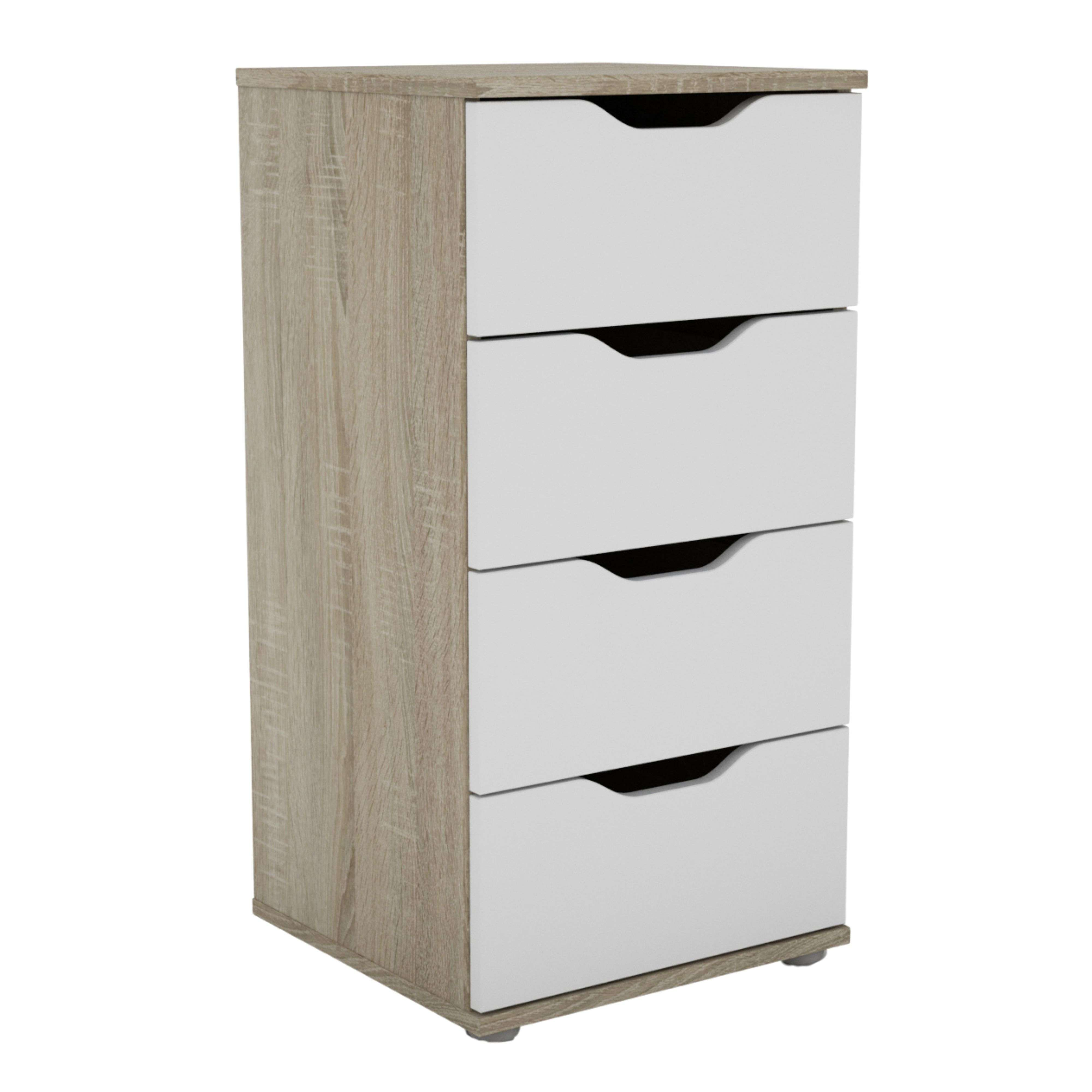 Un mueble estrecho y alto con cuatro cajones blancos y acabado de madera.