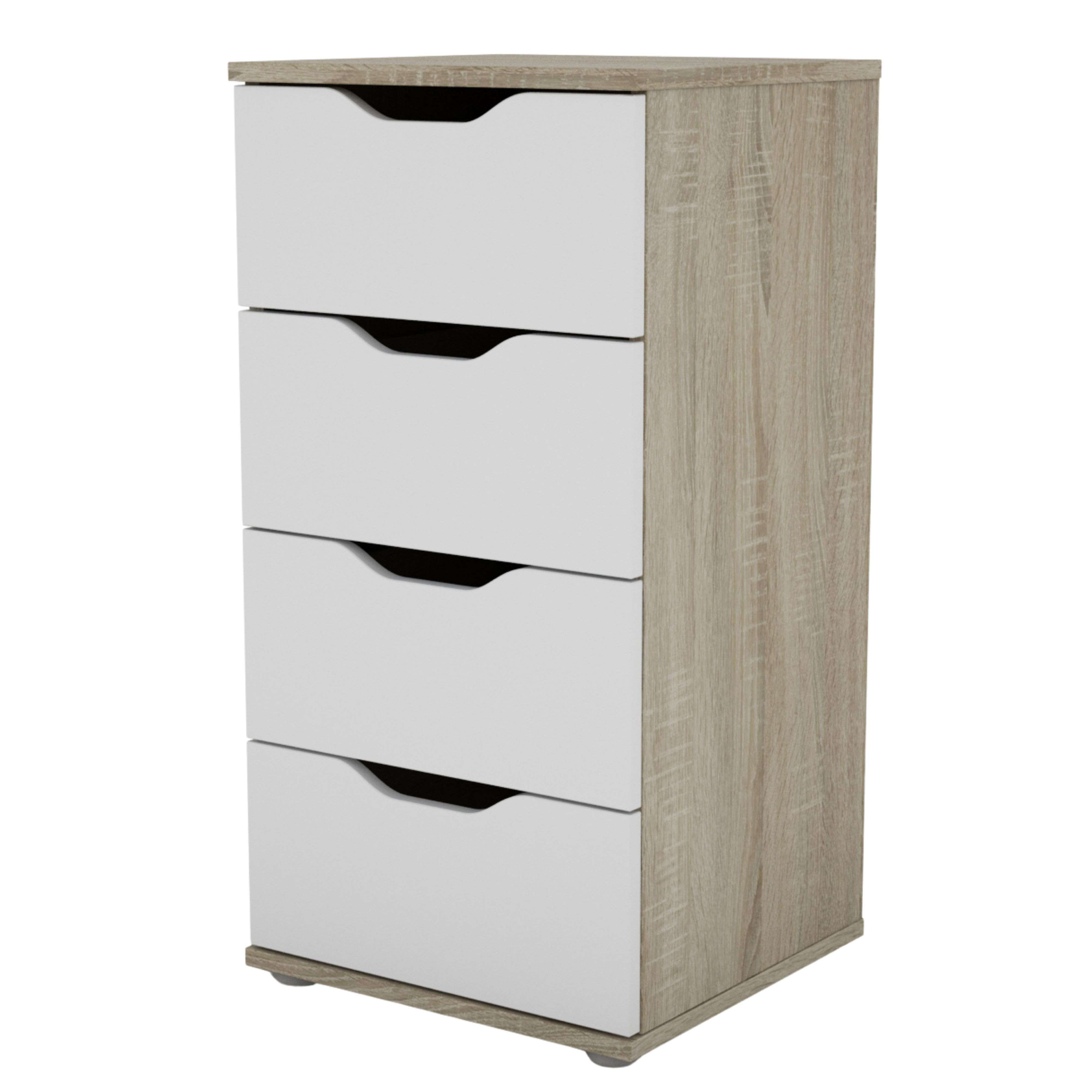 Un mueble blanco estrecho y alto con laterales de veta de madera y cuatro cajones.