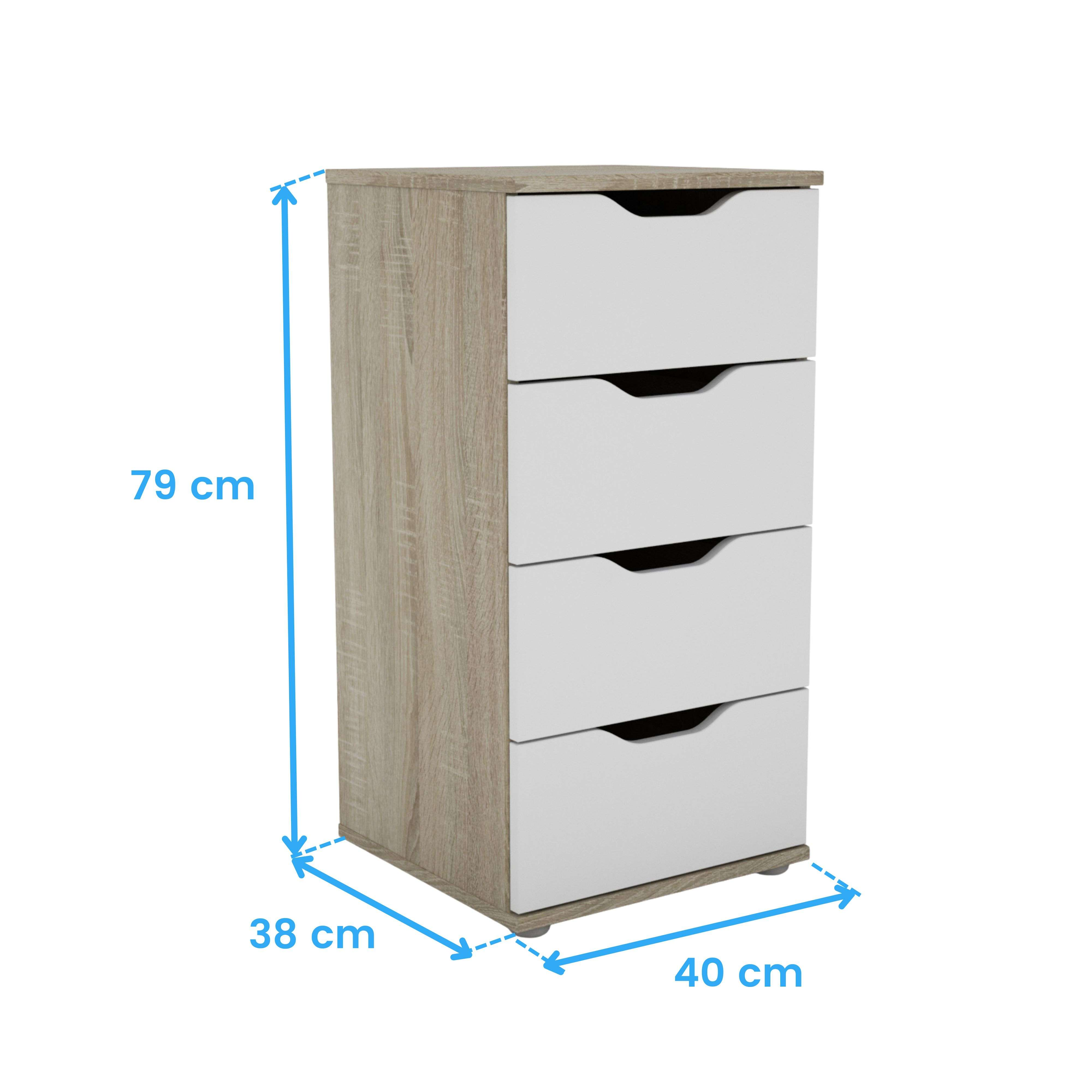 Cómoda de madera con cuatro cajones blancos, 79x38x40 cm.