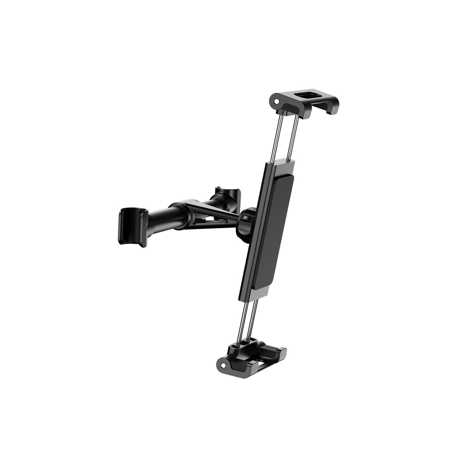 Czarny uchwyt na tablet z regulowanym ramieniem i zaciskiem.