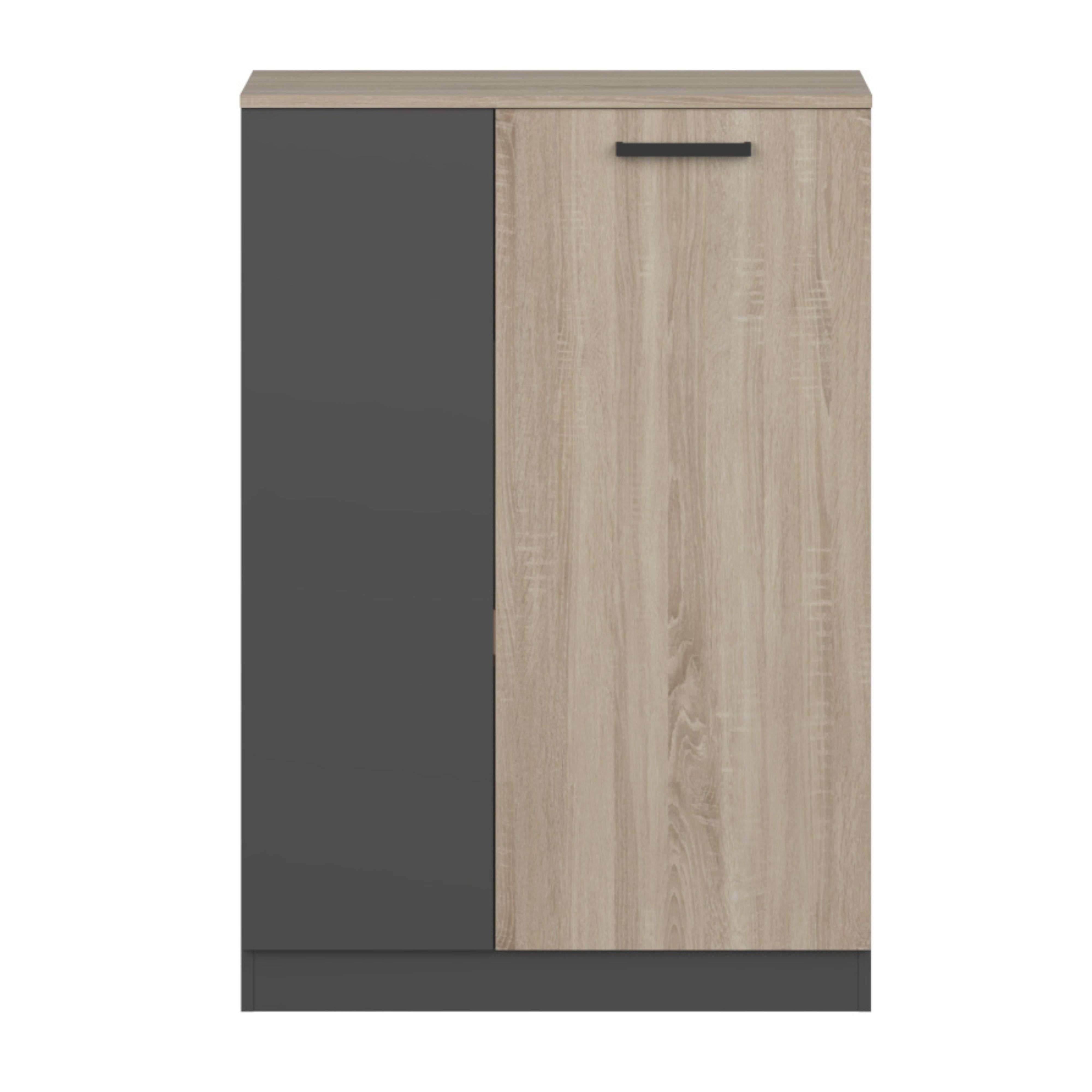 Un armario de dos tonos con una puerta de madera y una puerta oscura.