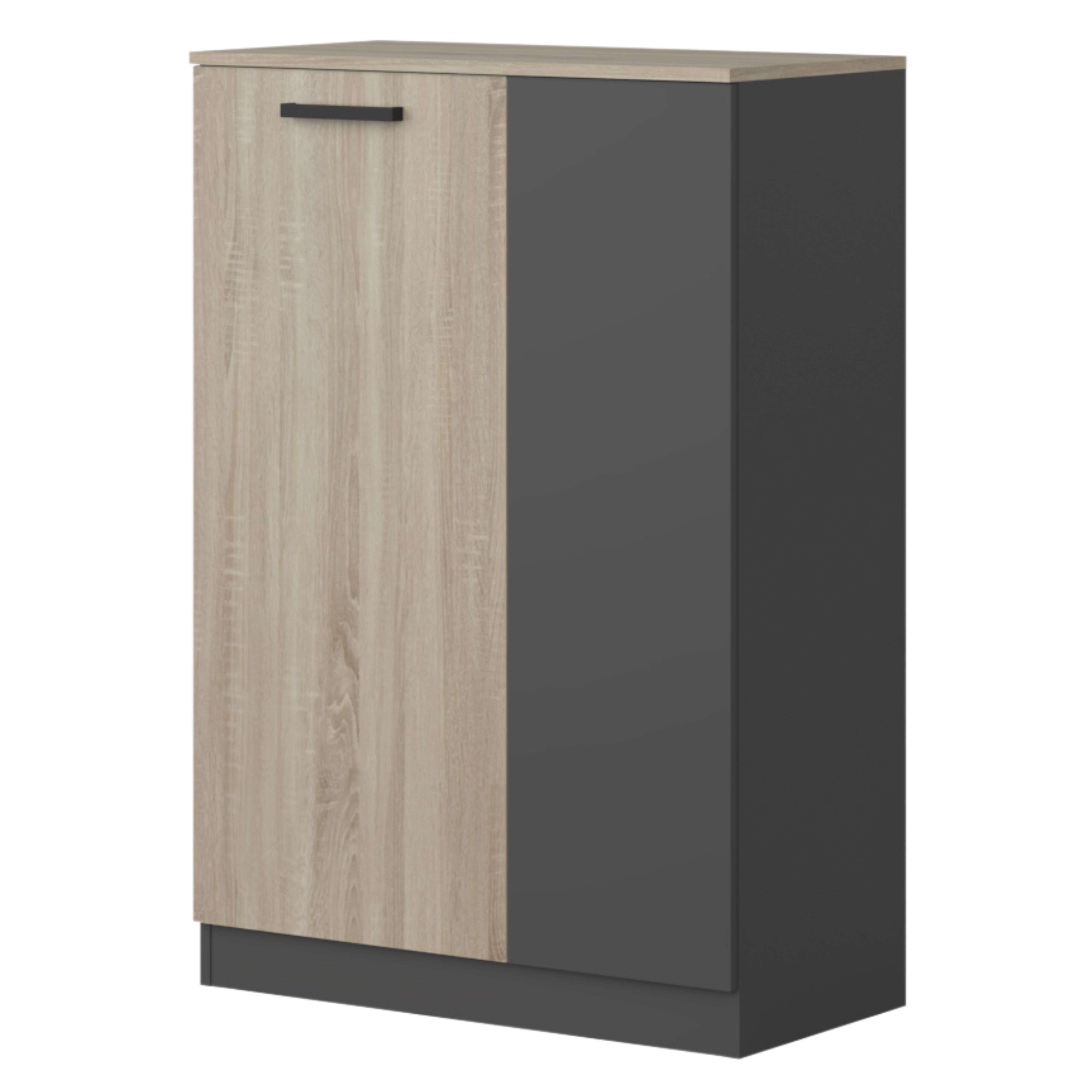 Un armario con puerta de veta de madera y puerta oscura, con tirador negro.