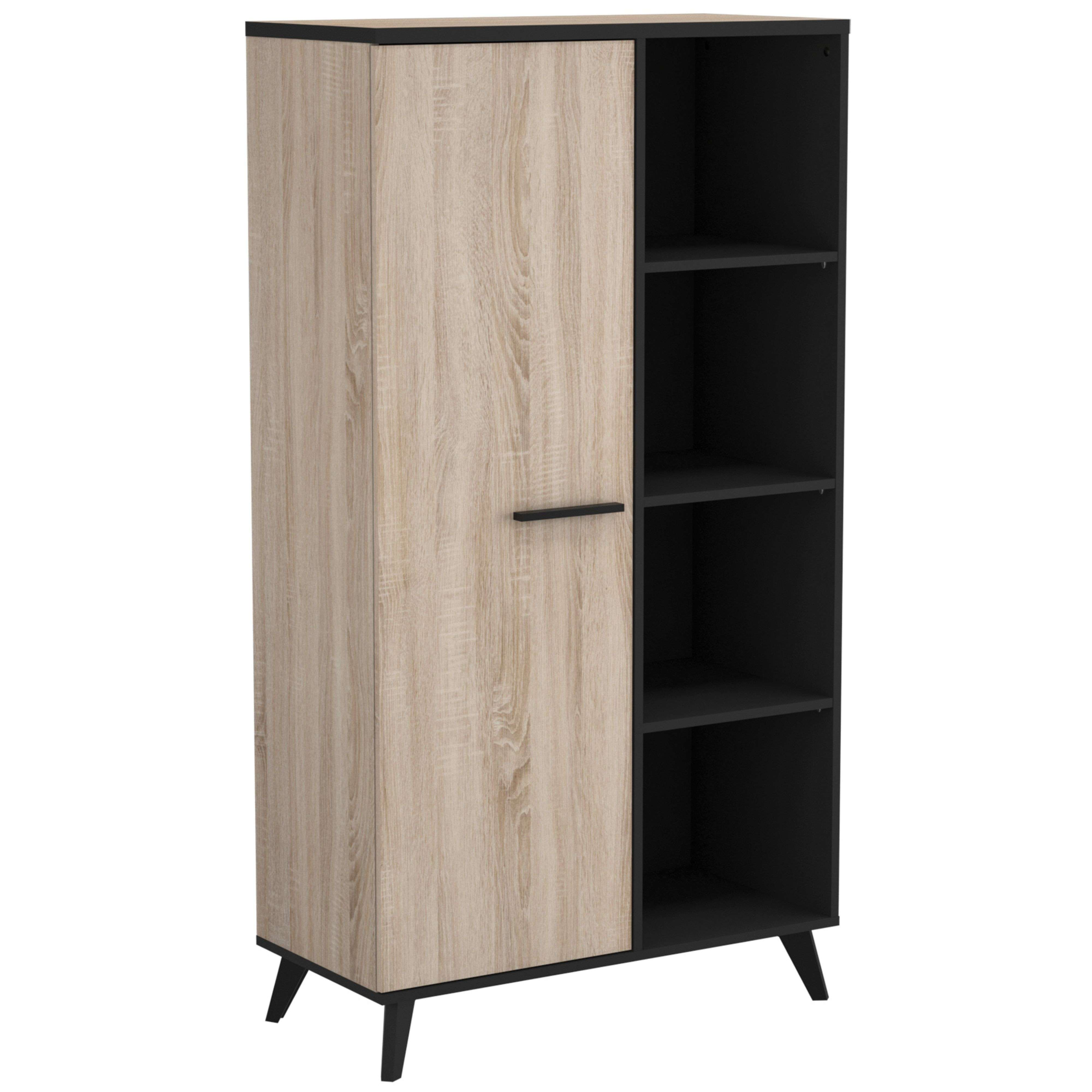 Un armario bicolor con puerta de madera y estantes negros abiertos.
