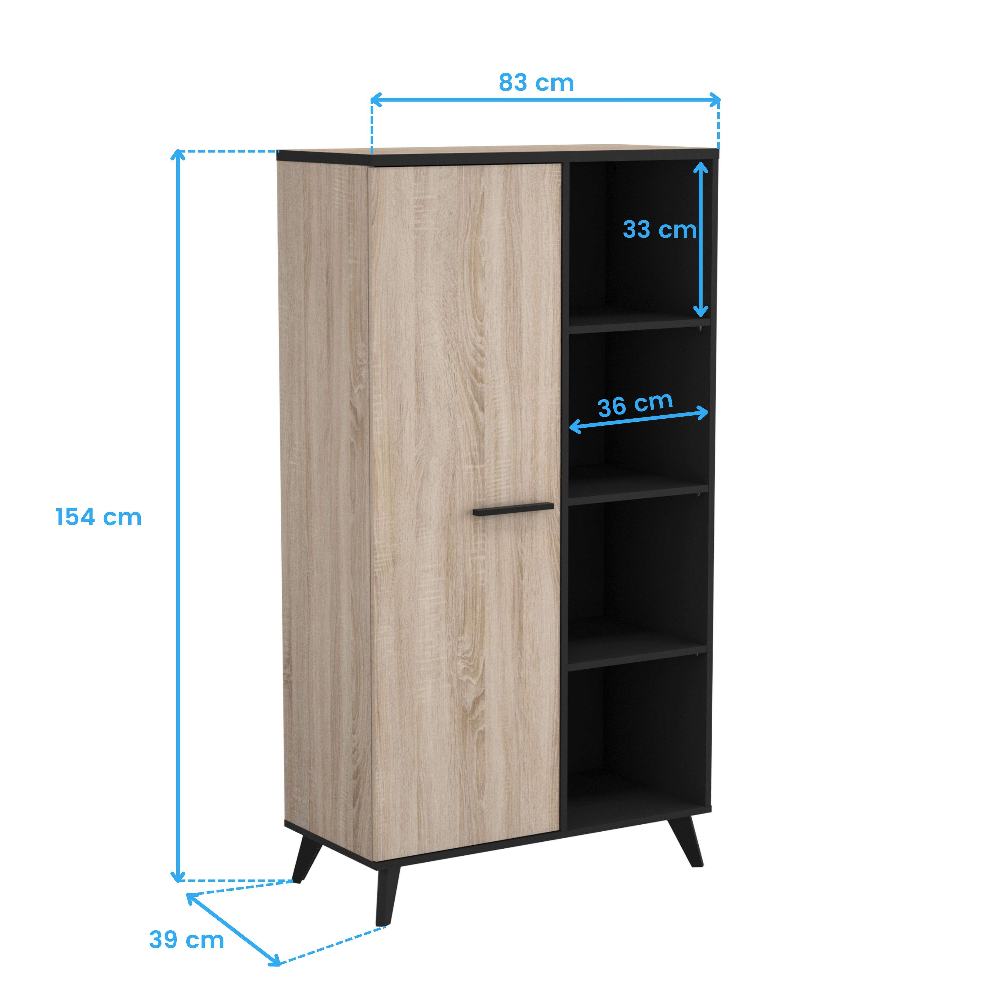 Un armario alto y estrecho con puerta de madera y estantes negros abiertos. Dimensiones indicadas.