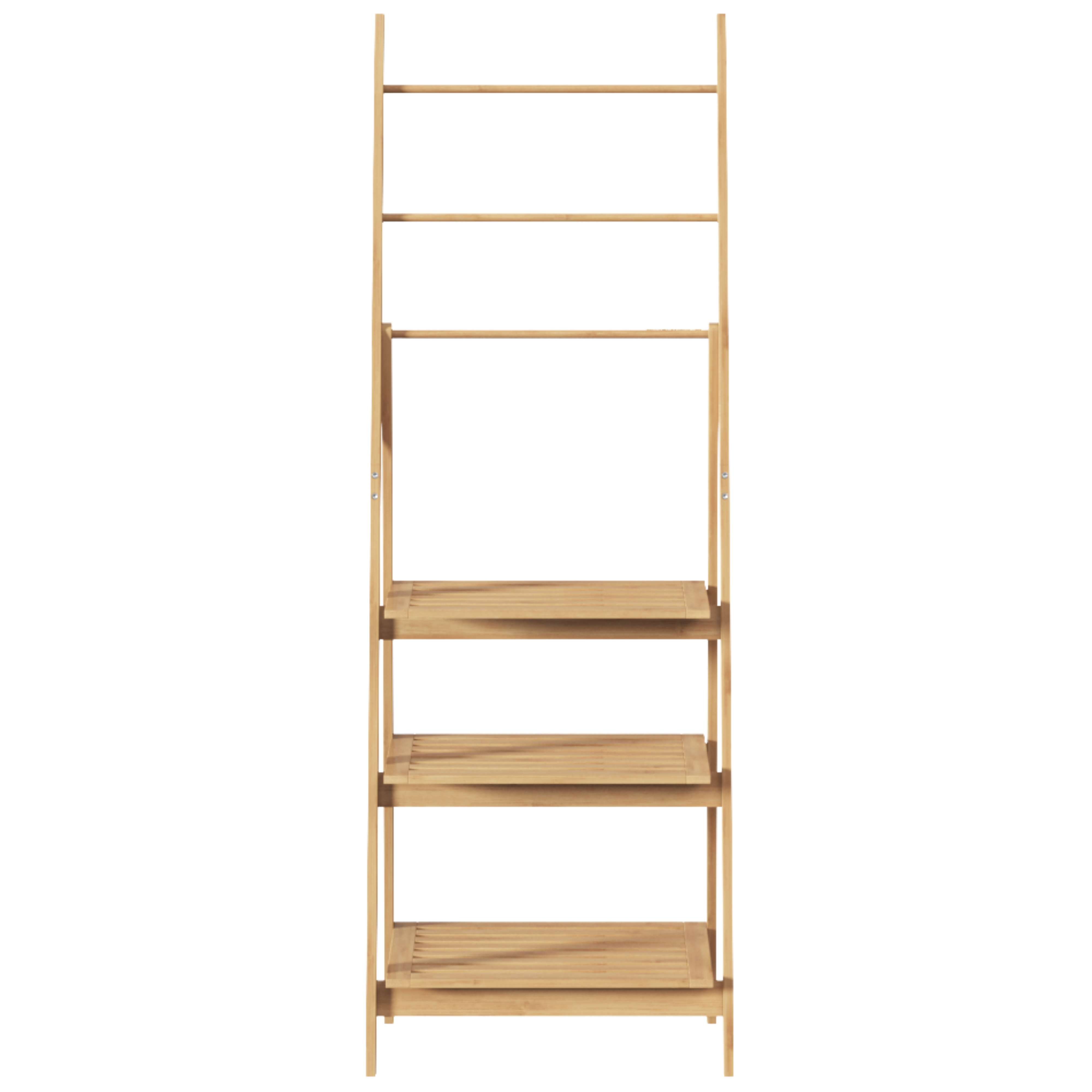 Estantería de madera tipo escalera con cuatro baldas y dos barras.