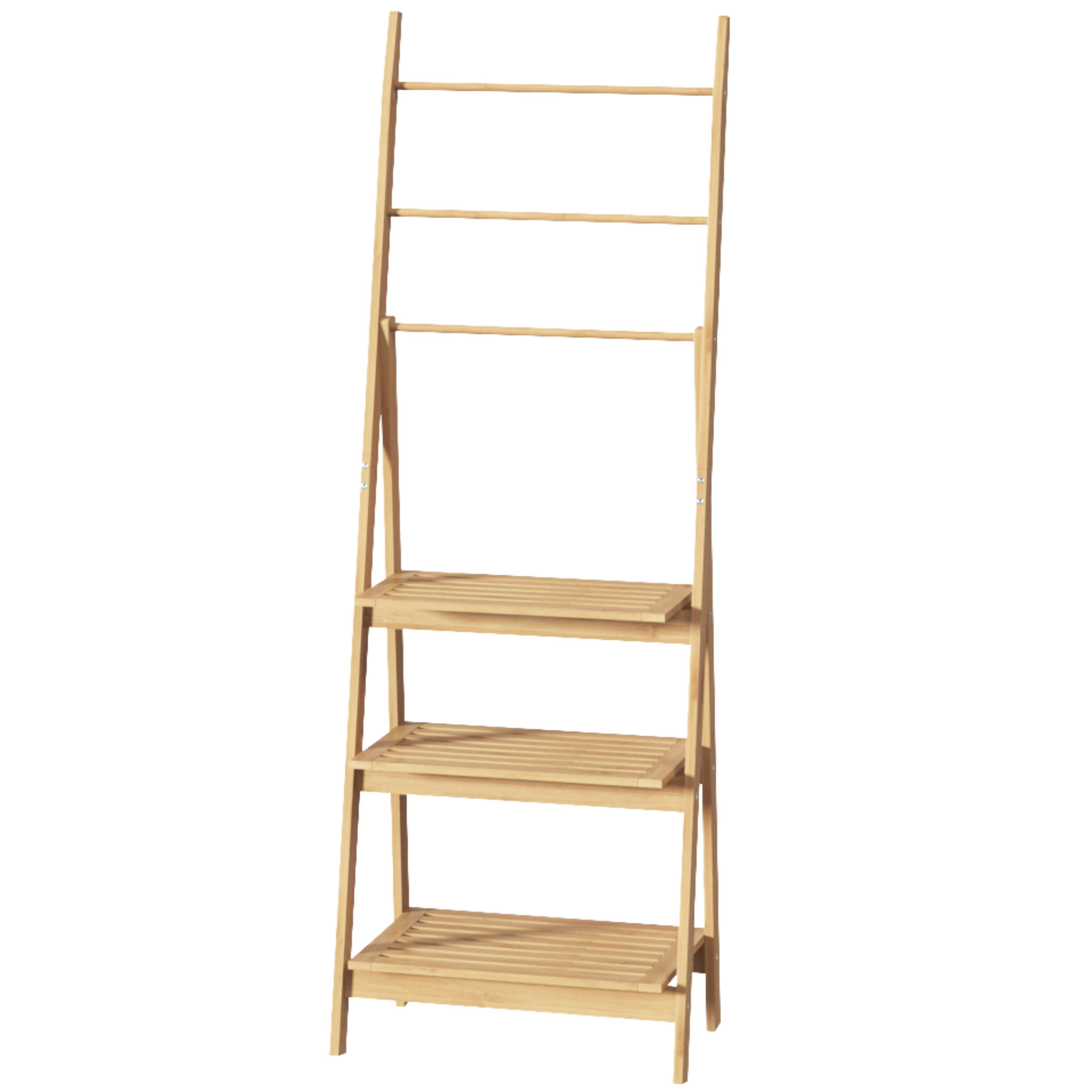 Un mueble de estantería de madera simple con cuatro travesaños y tres estantes.
