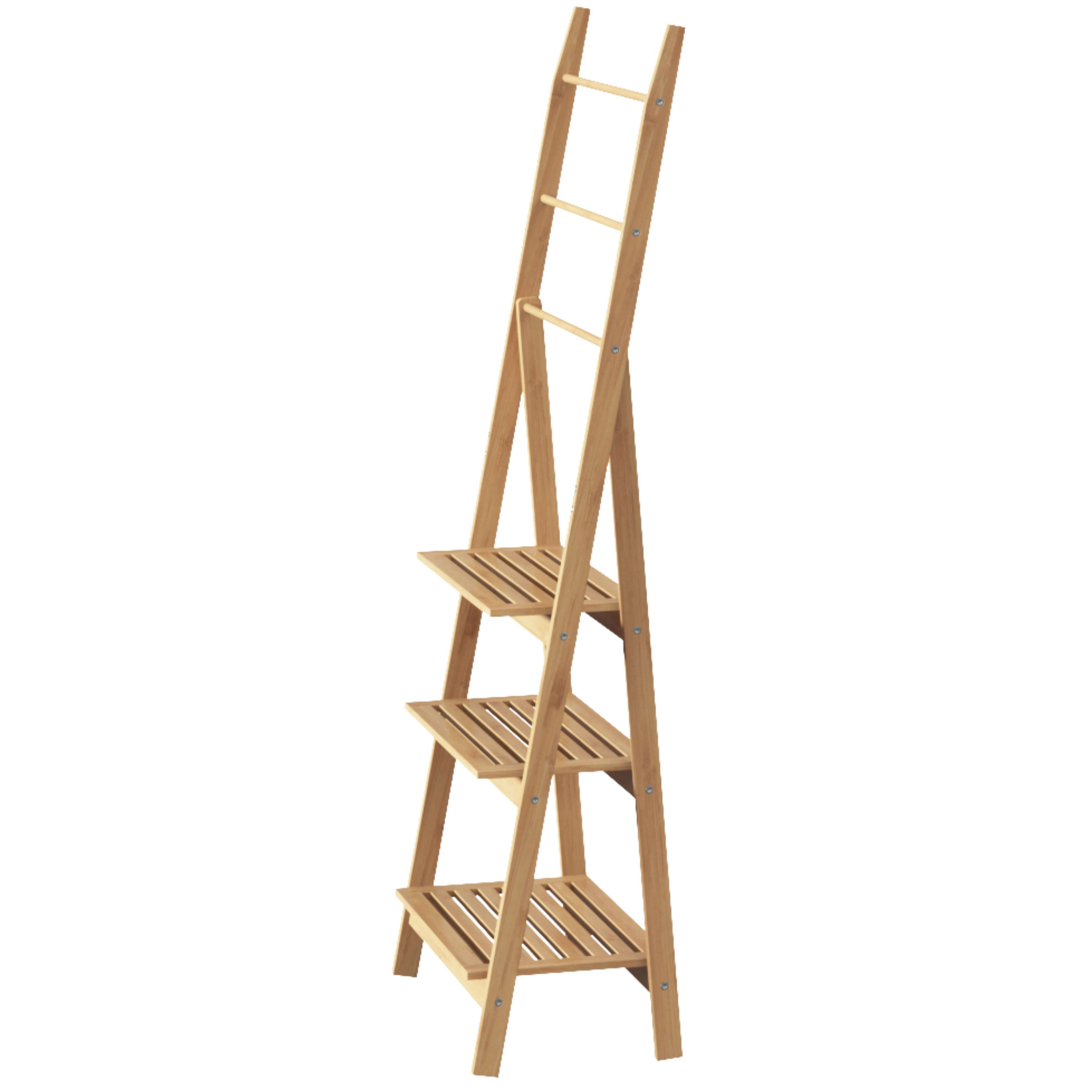 Estantería de madera de tres niveles con peldaños, similar a una escalera.