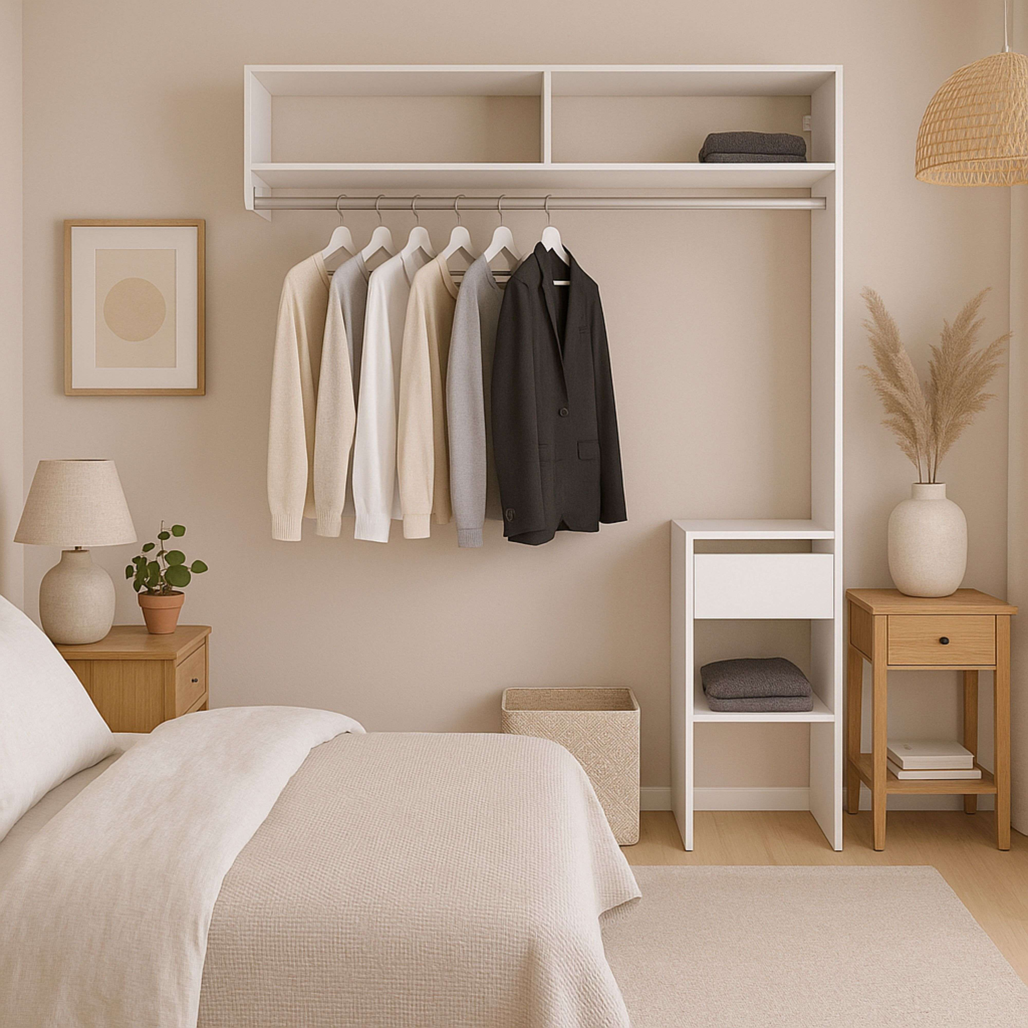 Un dormitorio con armario blanco, cama y mesitas de noche.