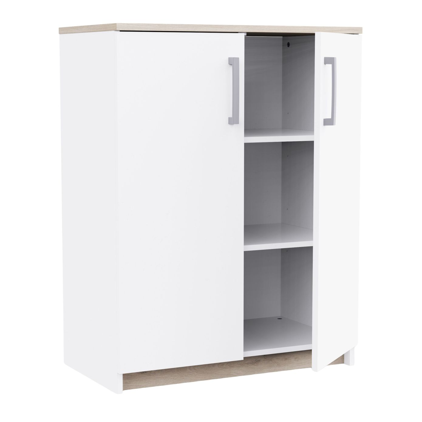 Un armario blanco con detalles de madera y estantes abiertos.