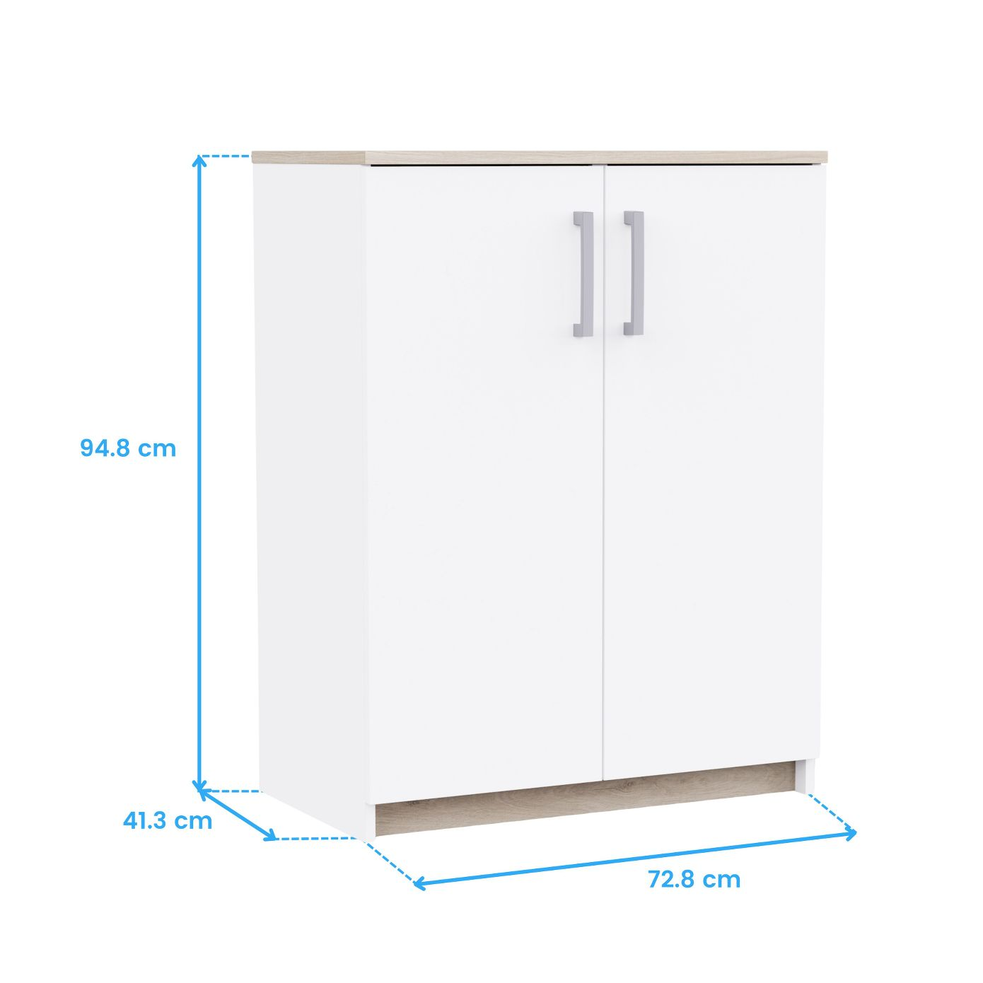 Mueble blanco con dos puertas y tiradores plateados. Dimensiones: Al 94,8, An 72,8, Pr 41,3 cm.