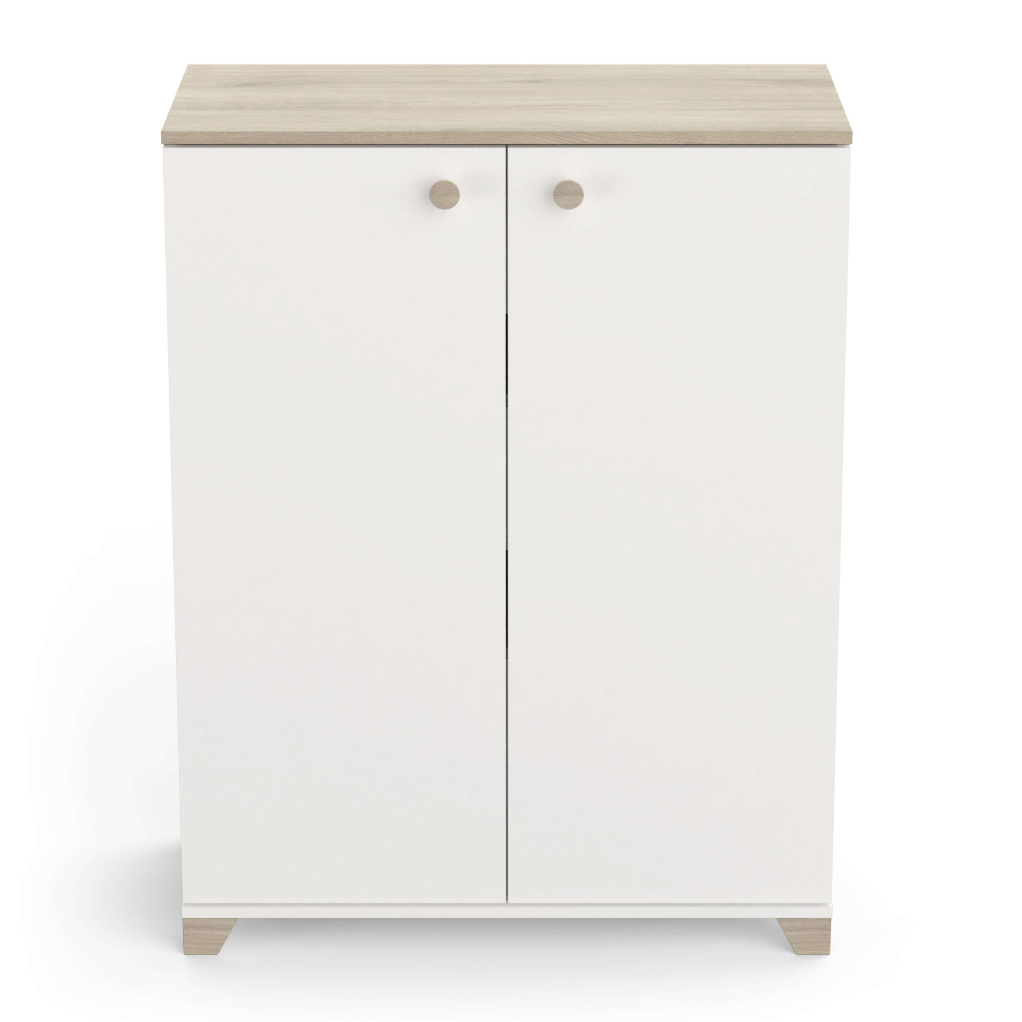 Un mueble blanco con tapa de madera y dos puertas con tiradores redondos.