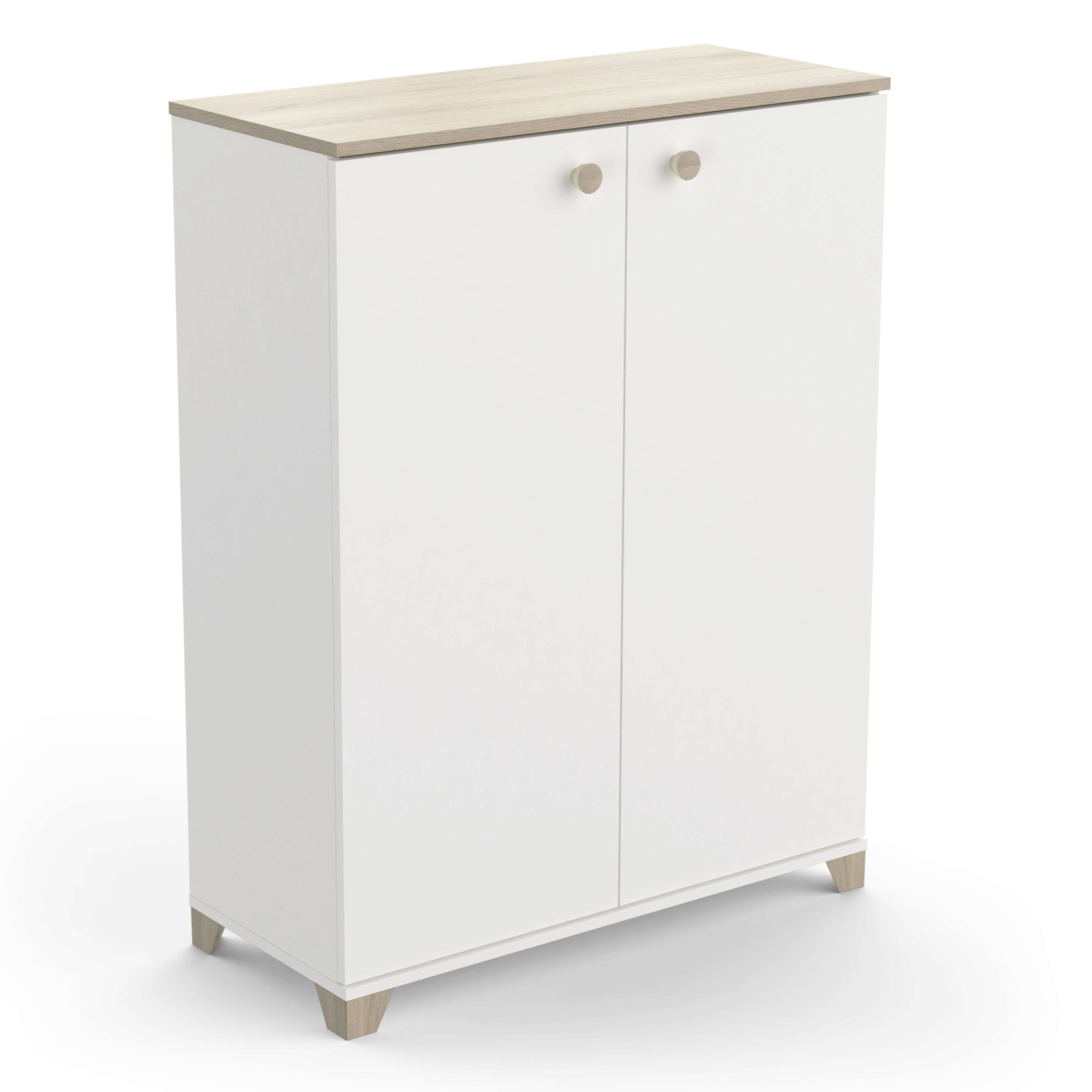 Un armario blanco con tapa de madera y dos puertas.