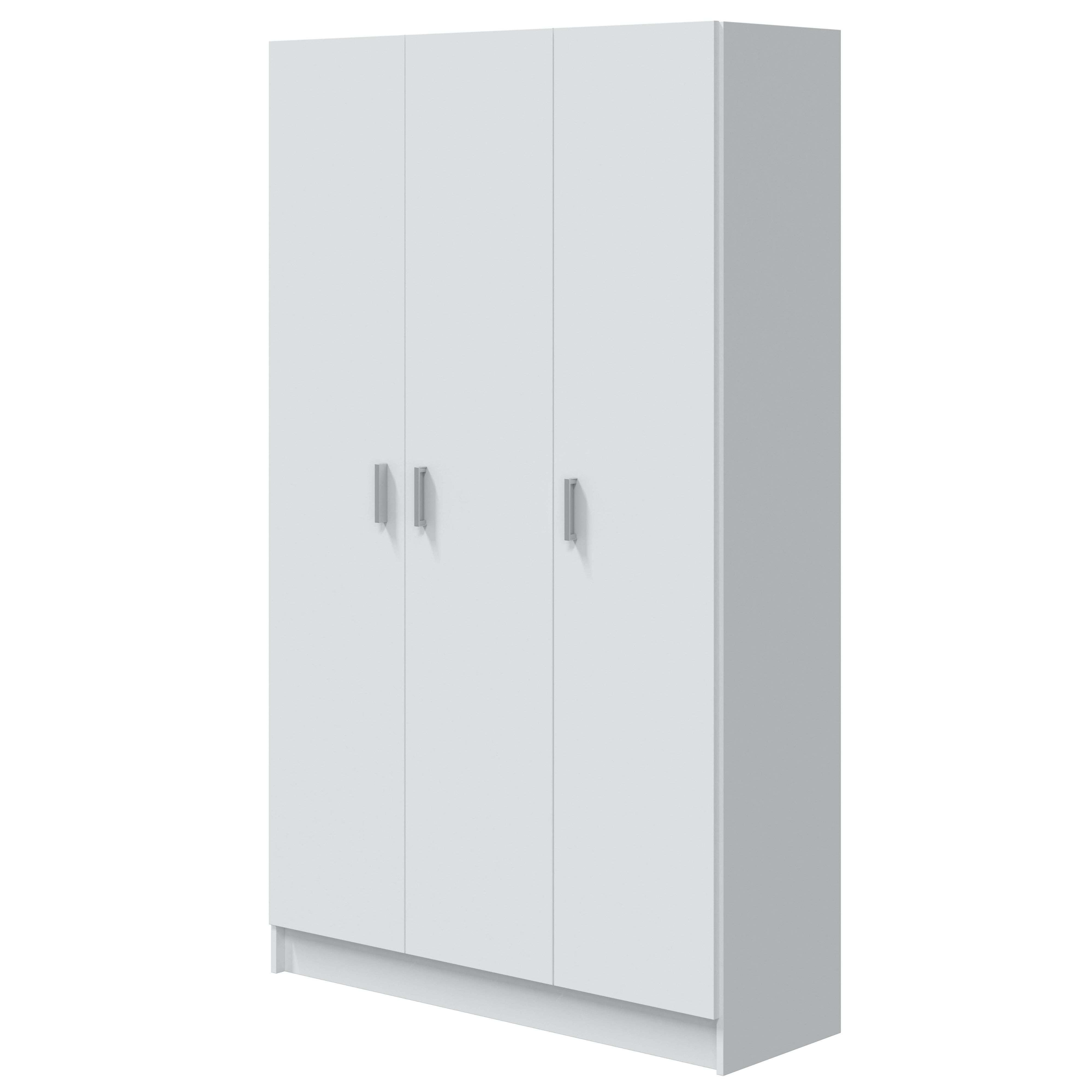 Un armario blanco de tres puertas con tiradores plateados.