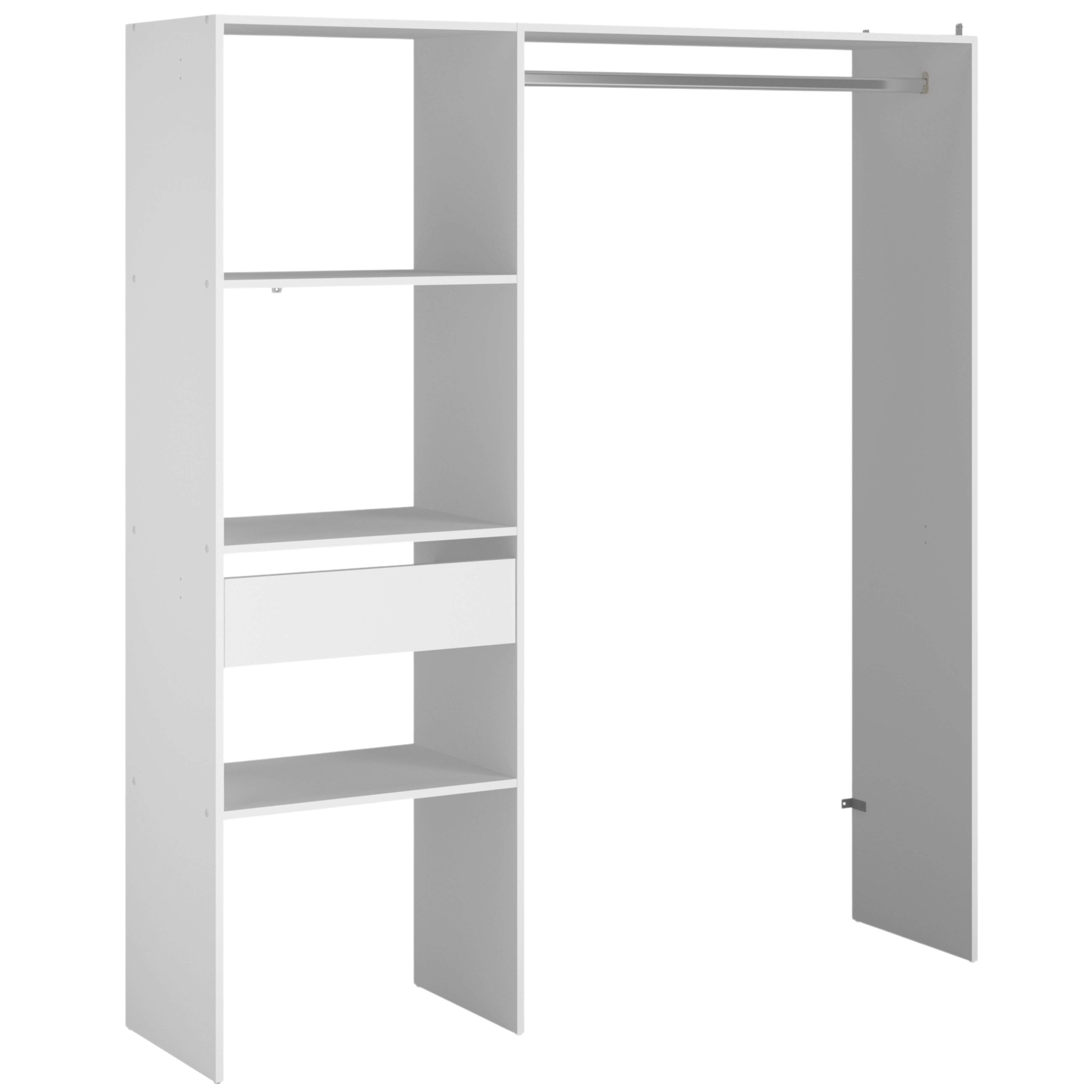 Un mueble blanco con barra para colgar y cajón sobre fondo blanco.