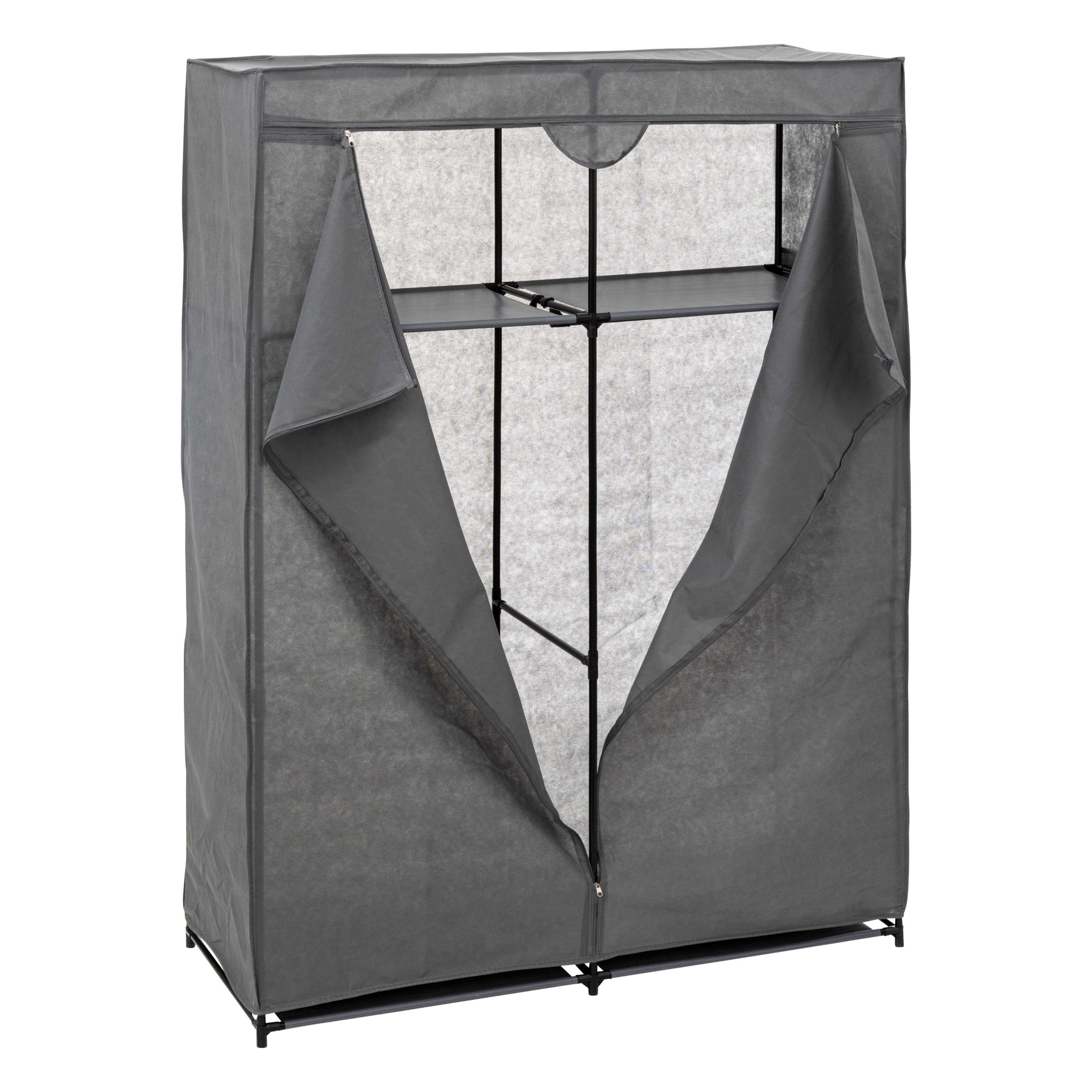 Armario de tela gris con puertas abiertas y postes negros.