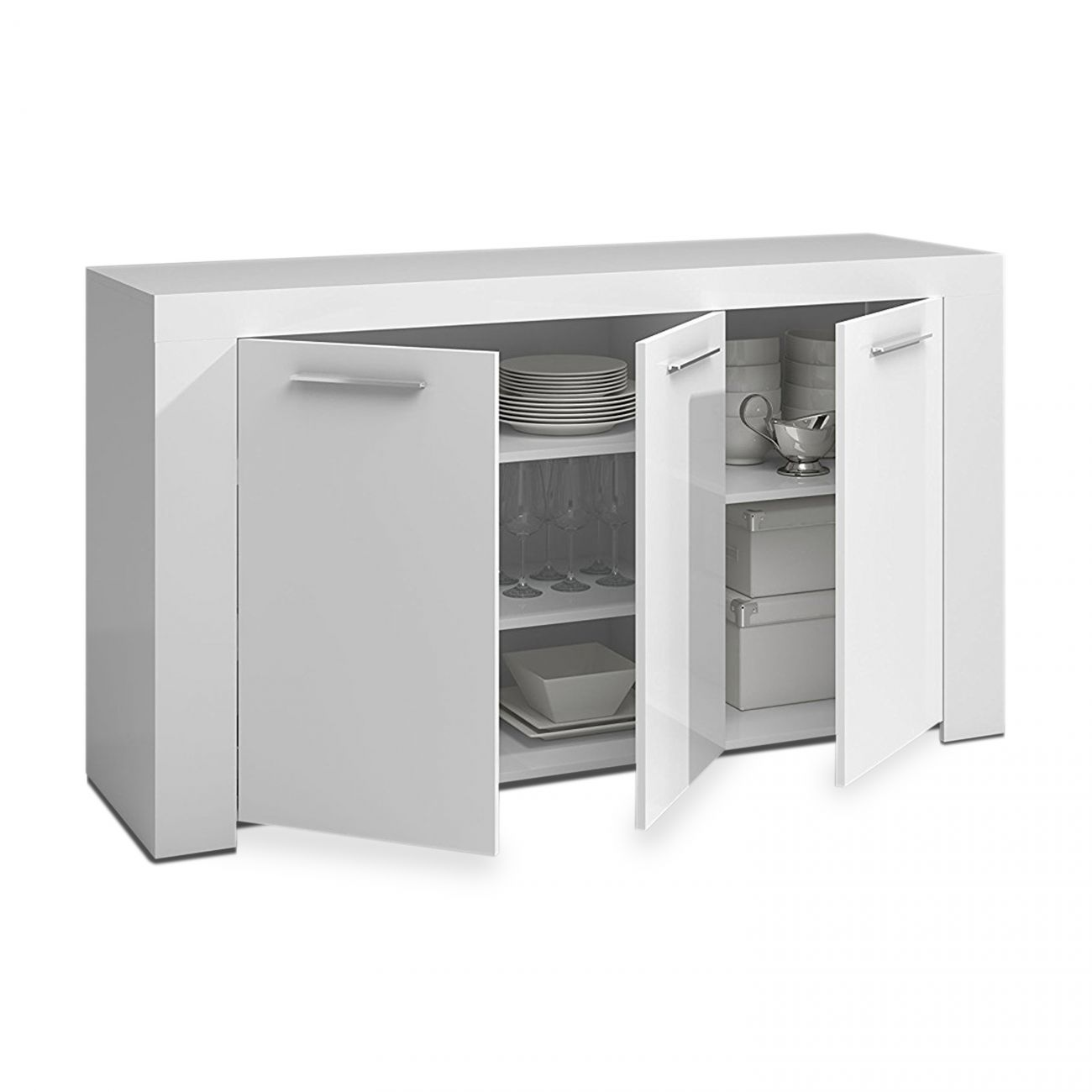 Un aparador blanco con puertas abiertas, lleno de platos y vasos.