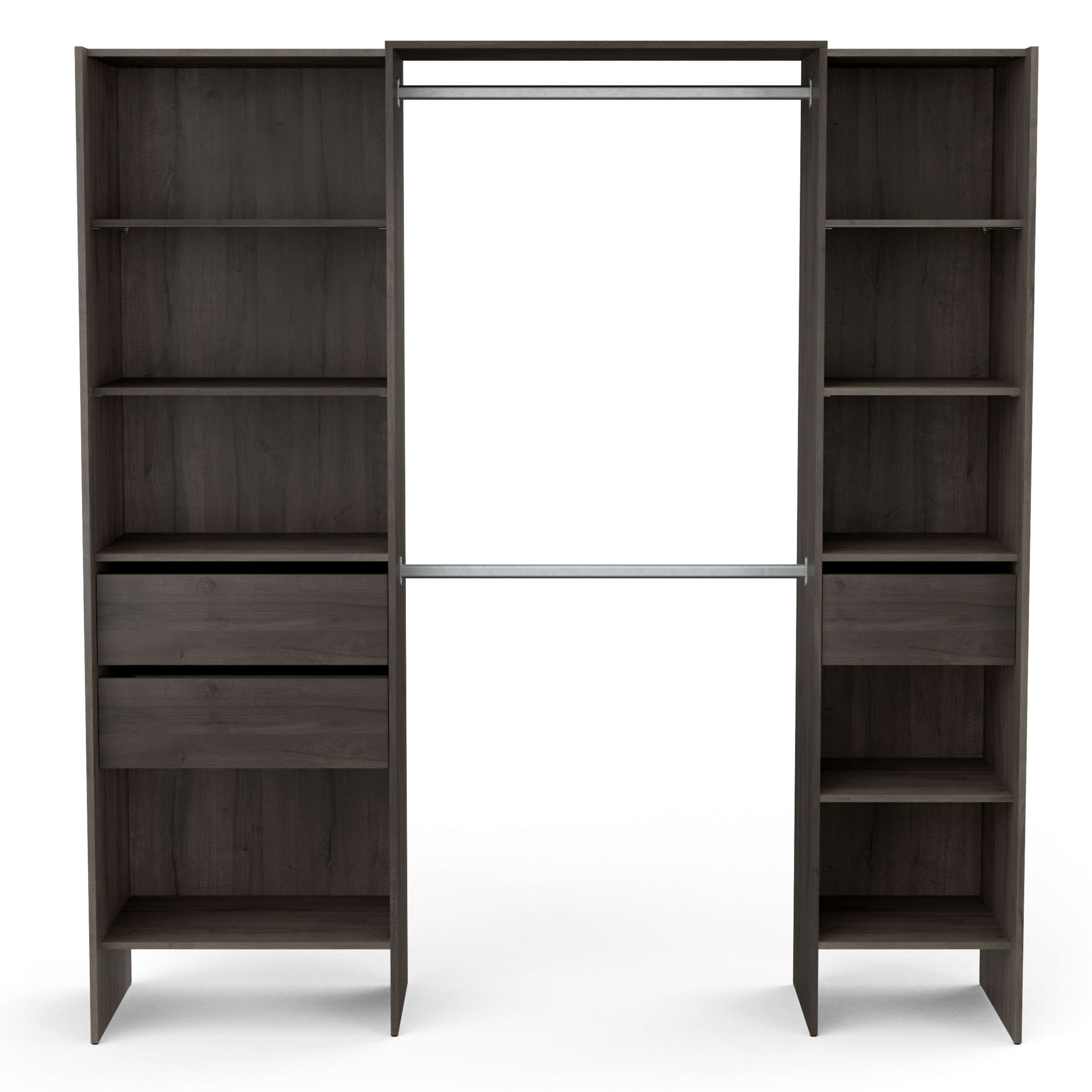 Mueble de armario gris oscuro con estantes y cajones.