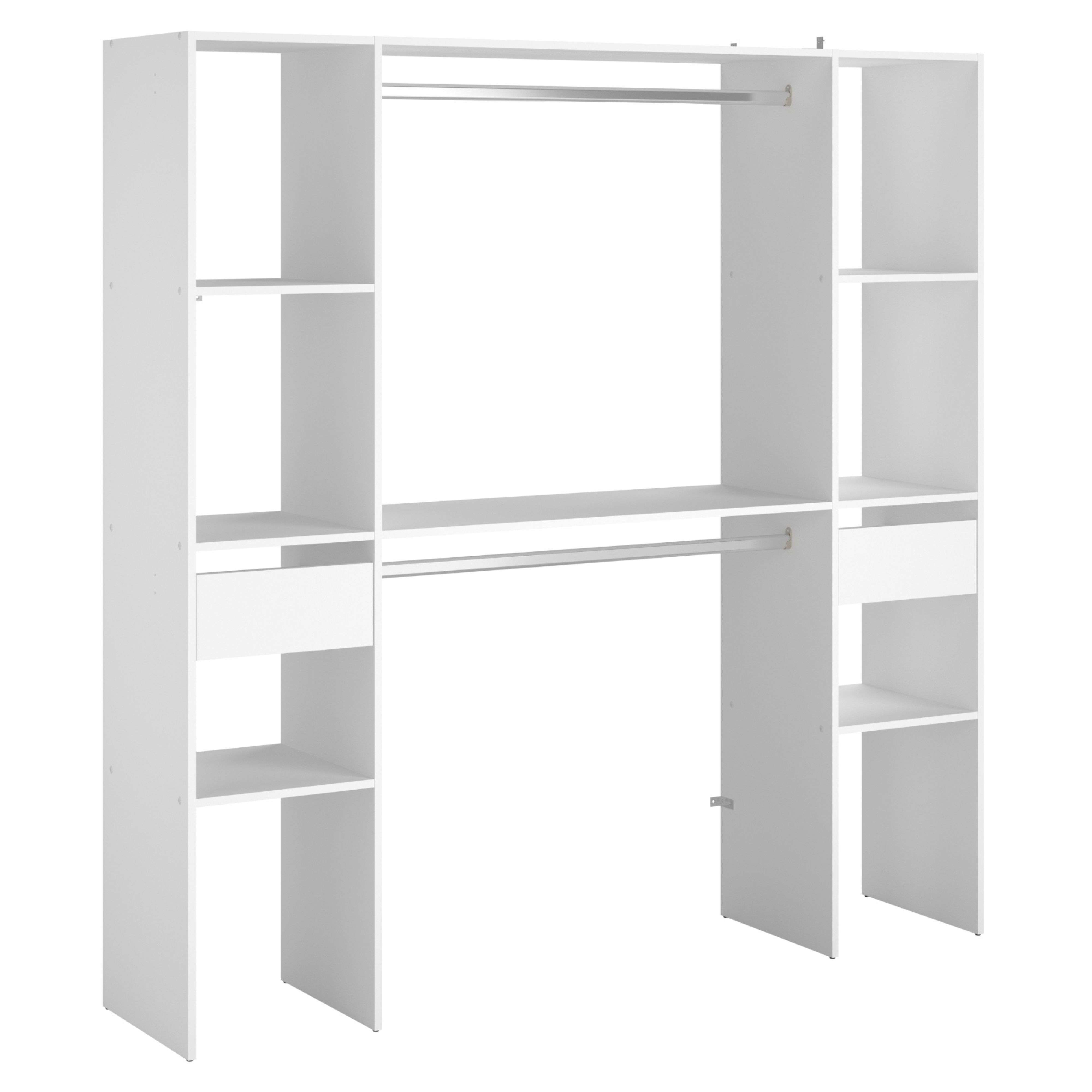 Un mueble de estanterías blanco con barras para ropa y cajones.