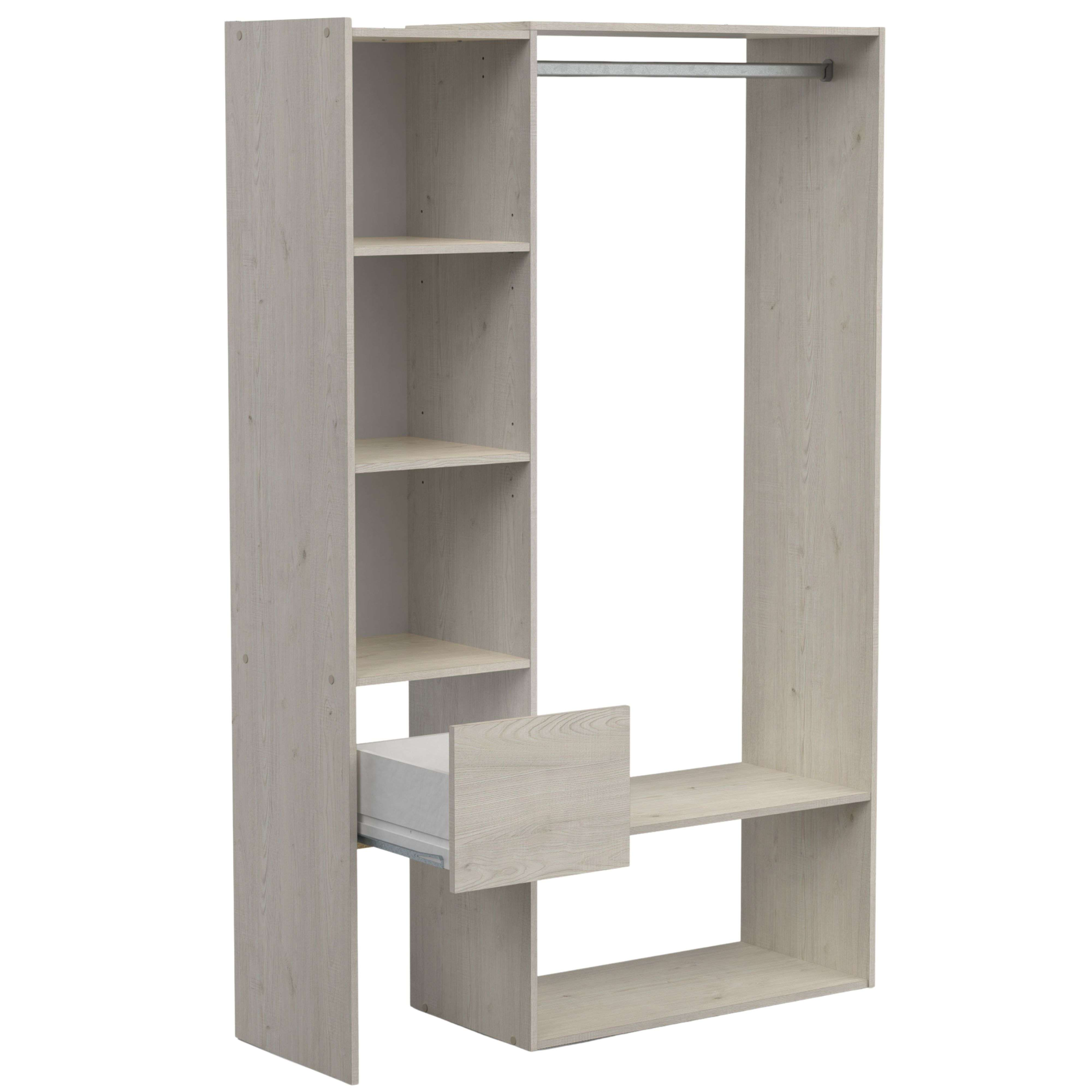 Armario de madera clara con barra de ropa, cajón y estantes.