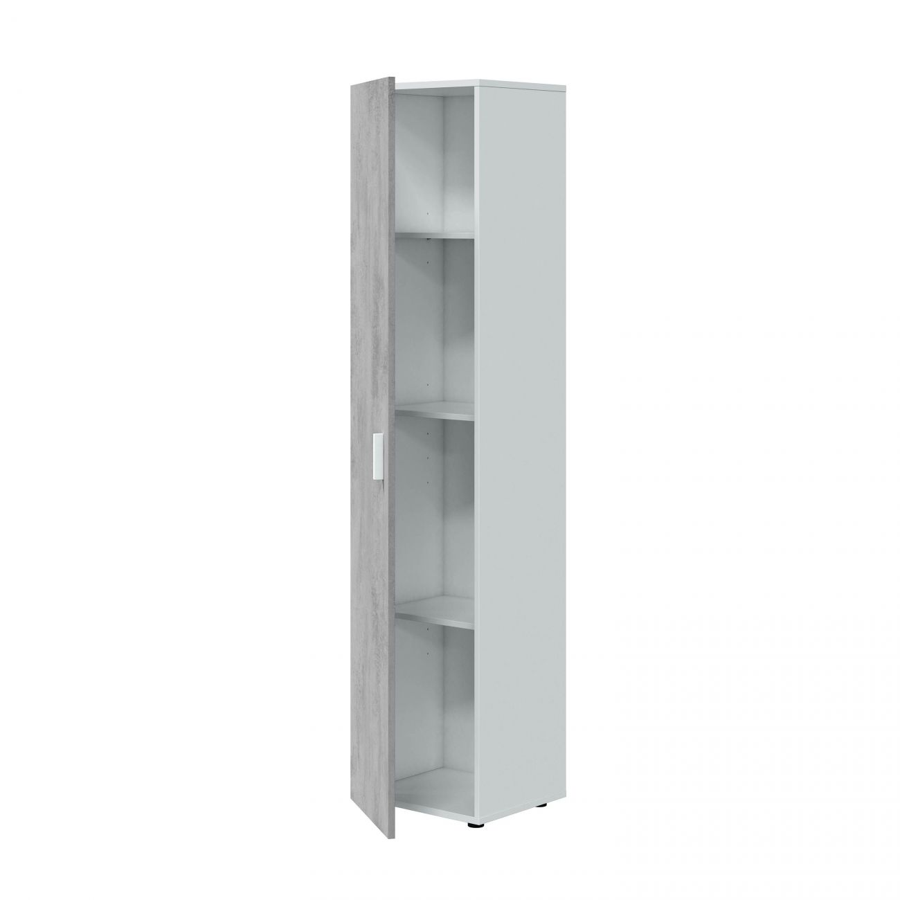 Un armario blanco alto y estrecho con puerta gris y tres estantes abiertos.