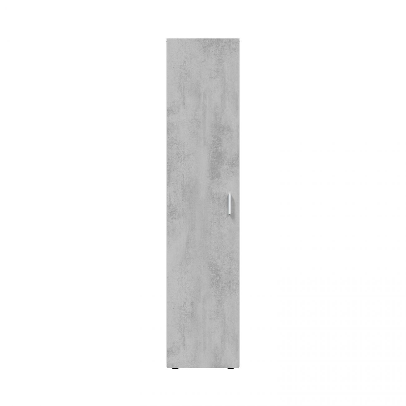 Un mueble alto, estrecho, de hormigón gris con una puerta y un tirador.