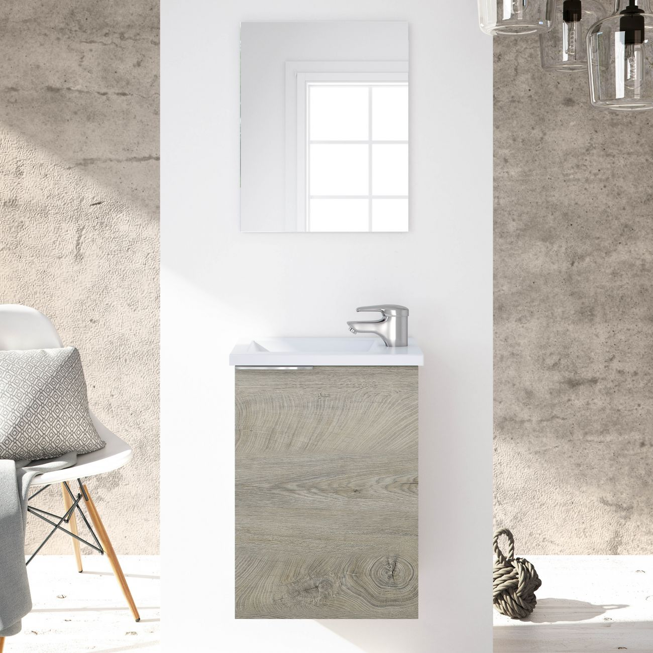 Un tocador de baño con lavabo, espejo, grifo y un cojín en una silla.