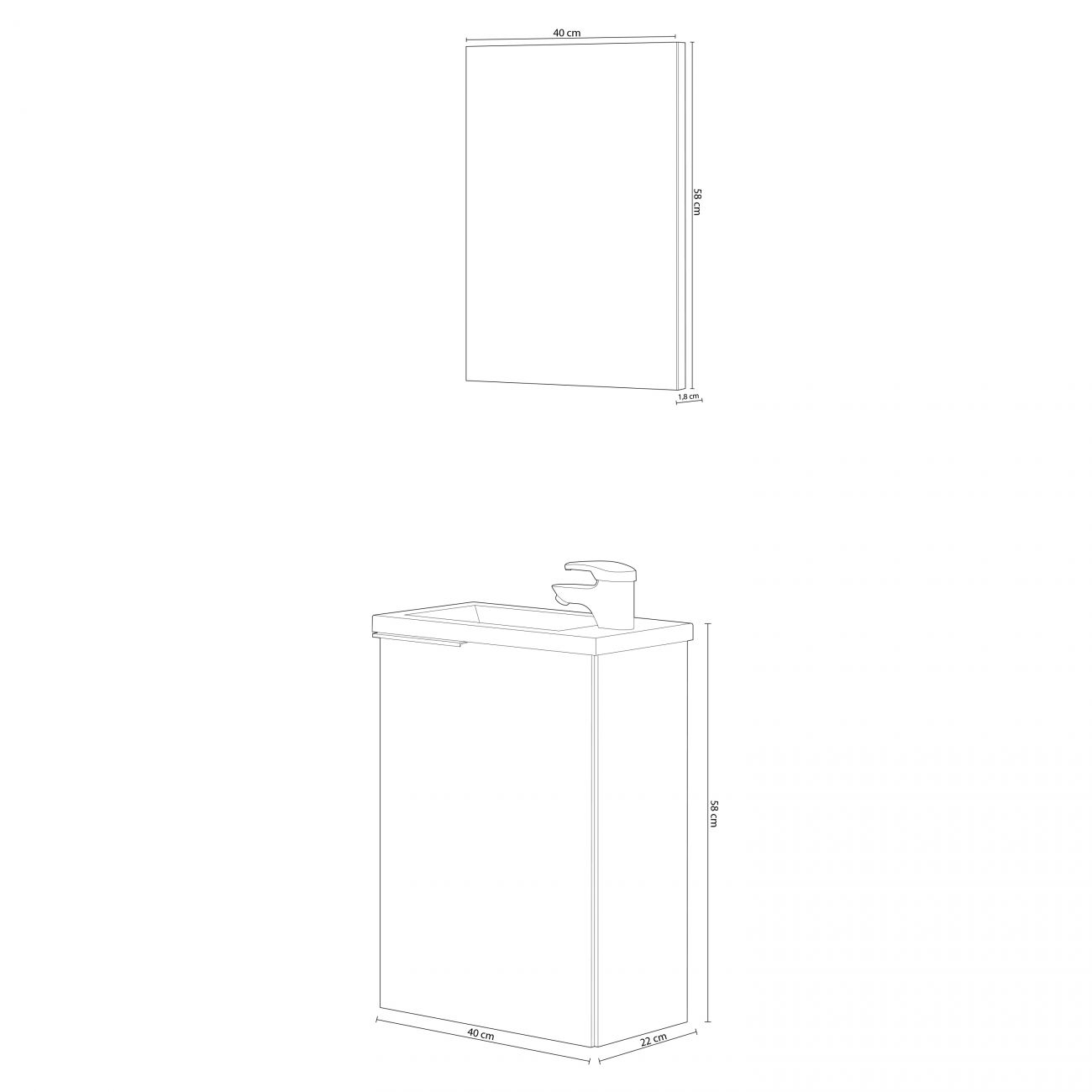 Dibujo de un mueble de lavabo con grifo y un espejo, con medidas.