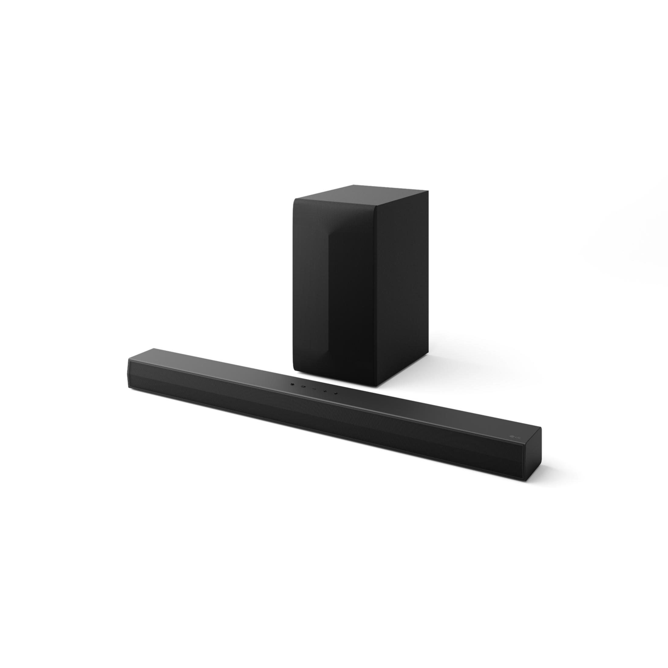 Schwarzer Soundbar und Subwoofer auf weißem Hintergrund.