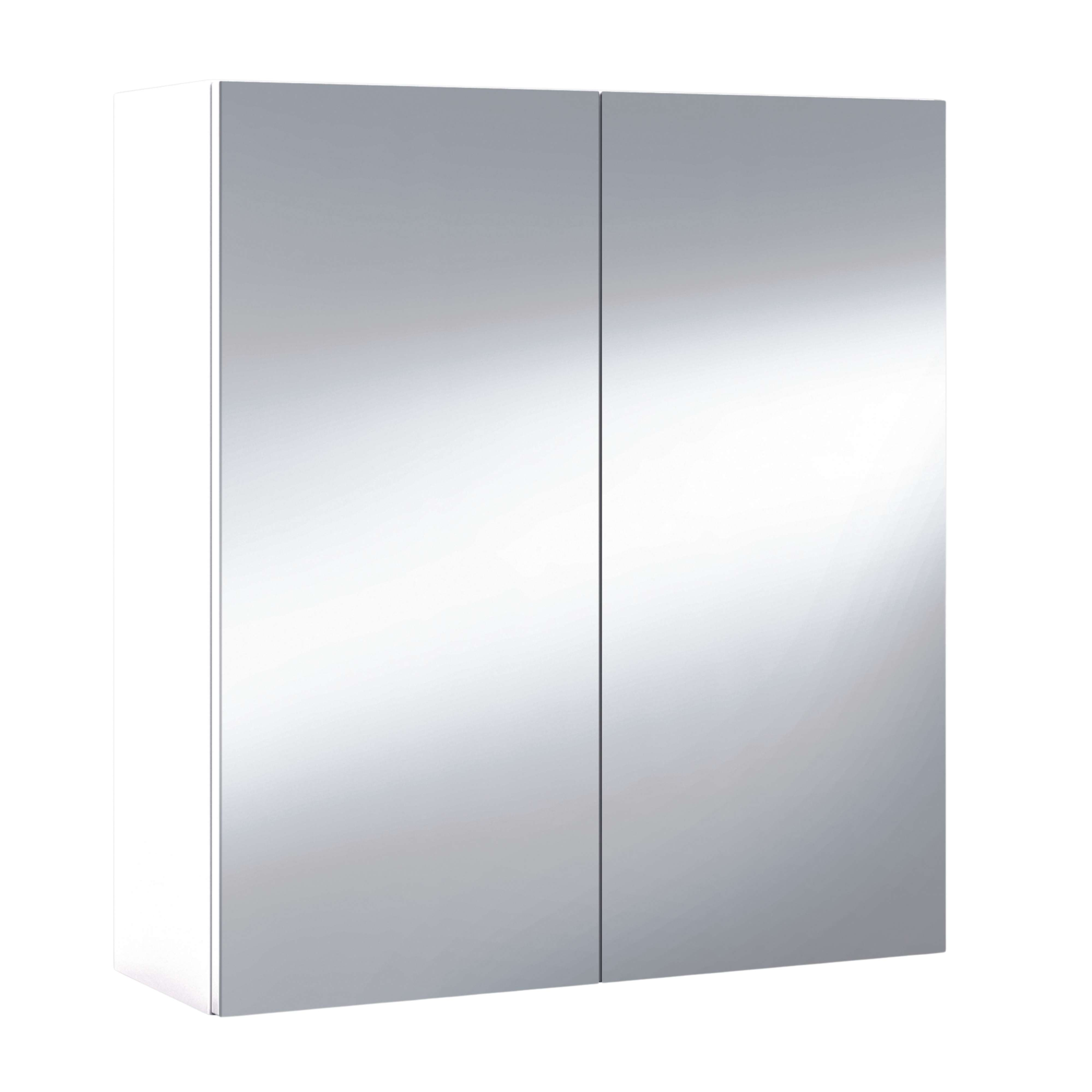 Un mueble de espejo blanco con dos puertas.