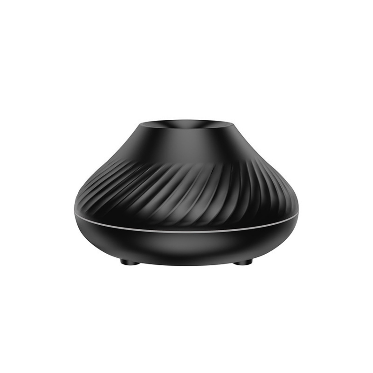 Ein schwarzer Diffusor mit gerilltem Design und drei Füßen.